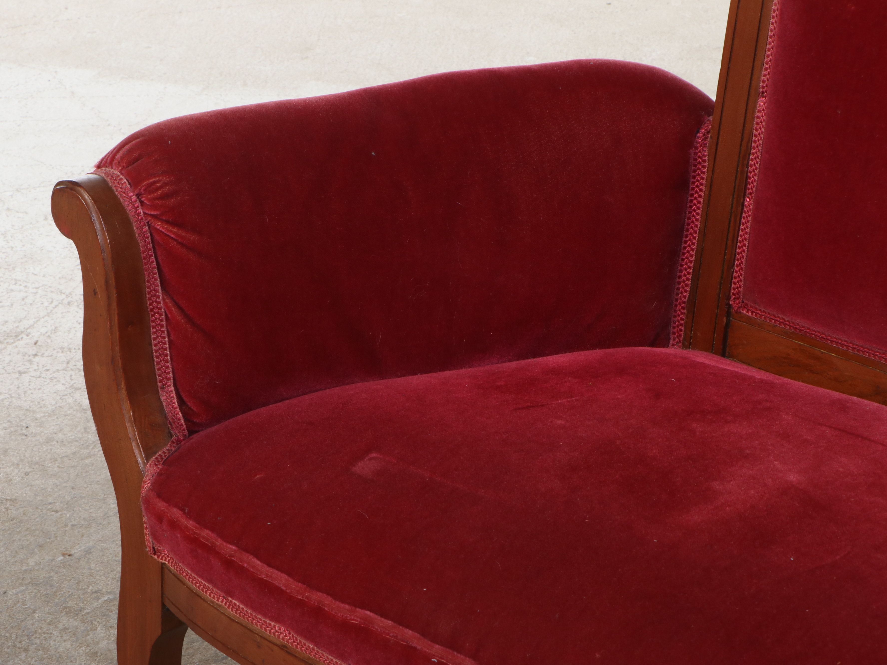 Victorian Eastlake Style Mohair Upholstered Carved Burl and Walnut Parlor Set