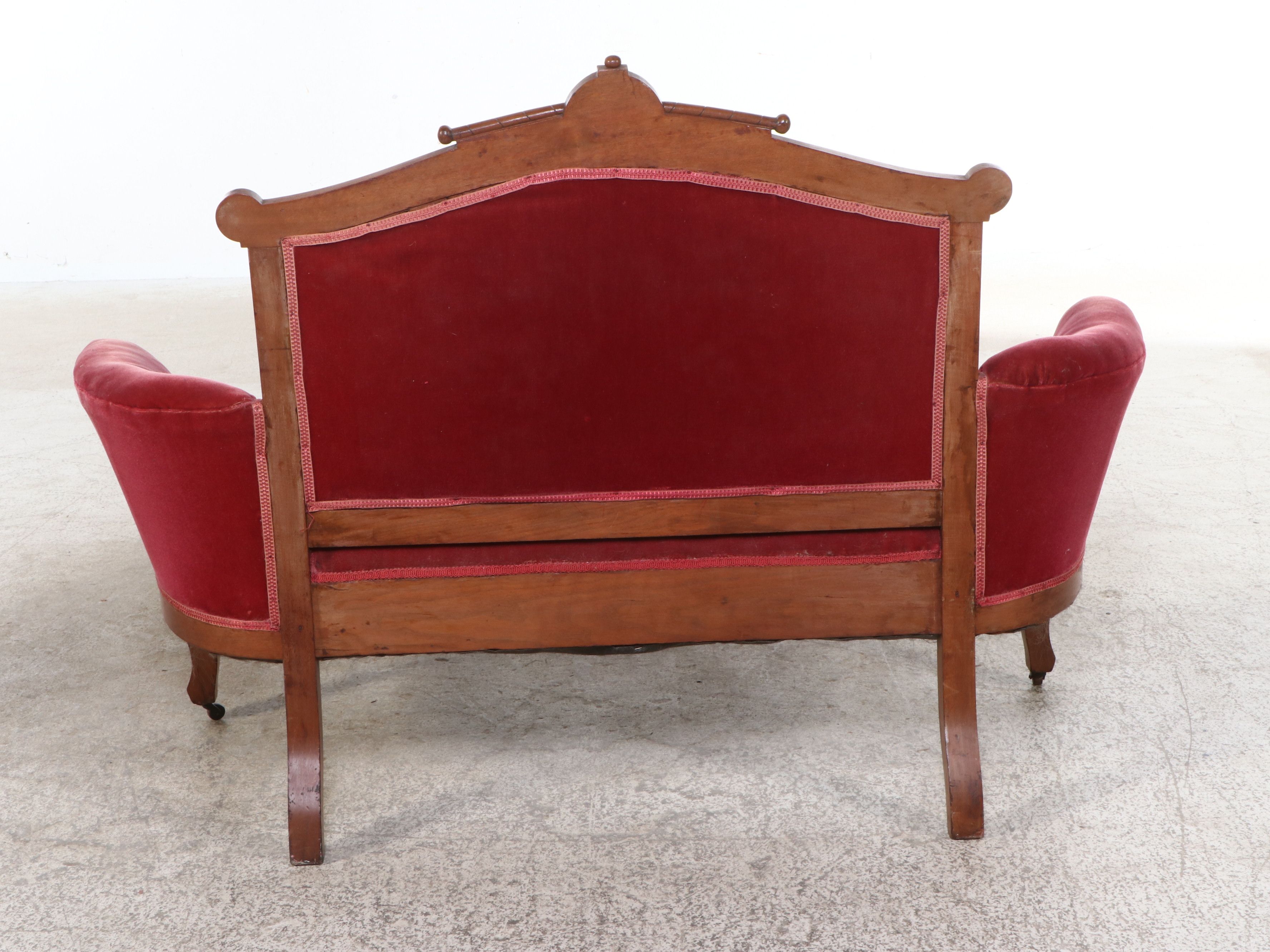 Victorian Eastlake Style Mohair Upholstered Carved Burl and Walnut Parlor Set