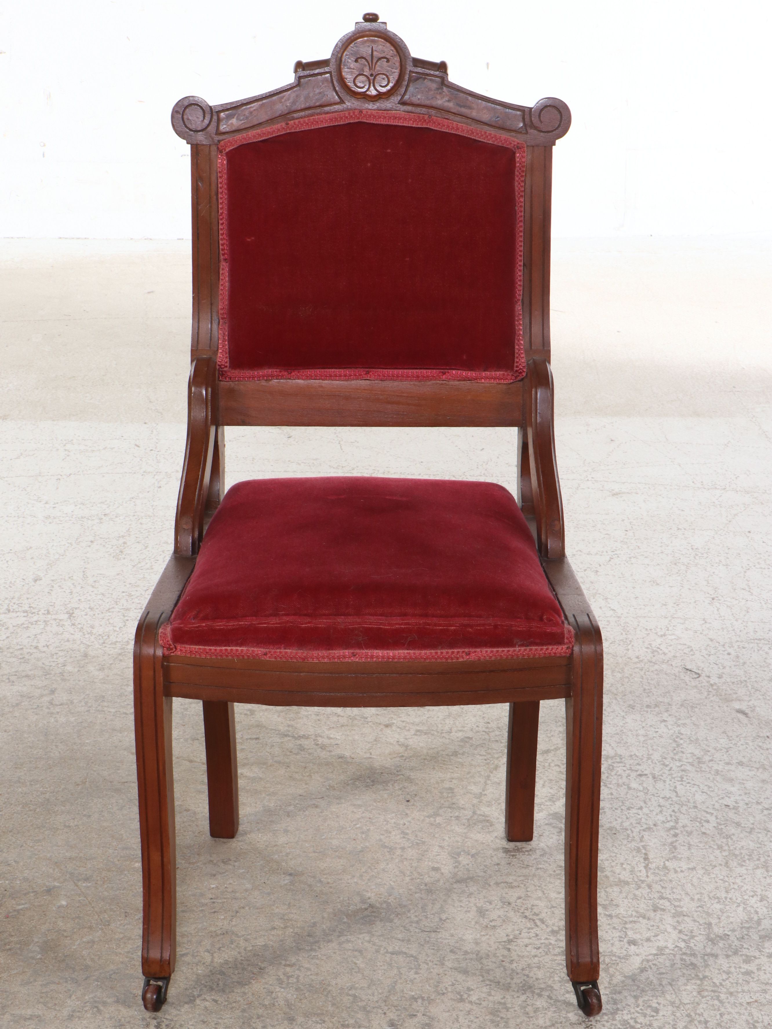 Victorian Eastlake Style Mohair Upholstered Carved Burl and Walnut Parlor Set