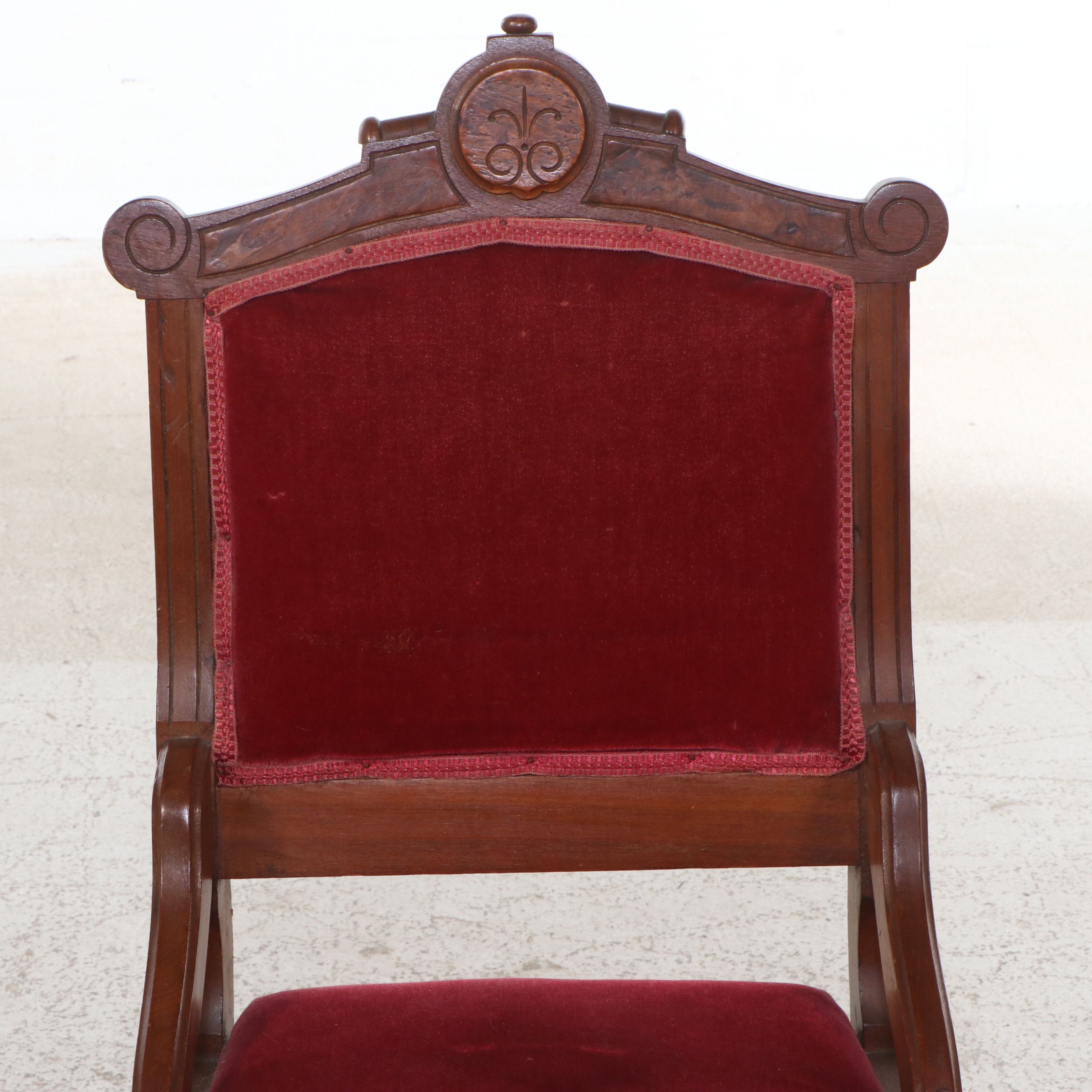 Victorian Eastlake Style Mohair Upholstered Carved Burl and Walnut Parlor Set