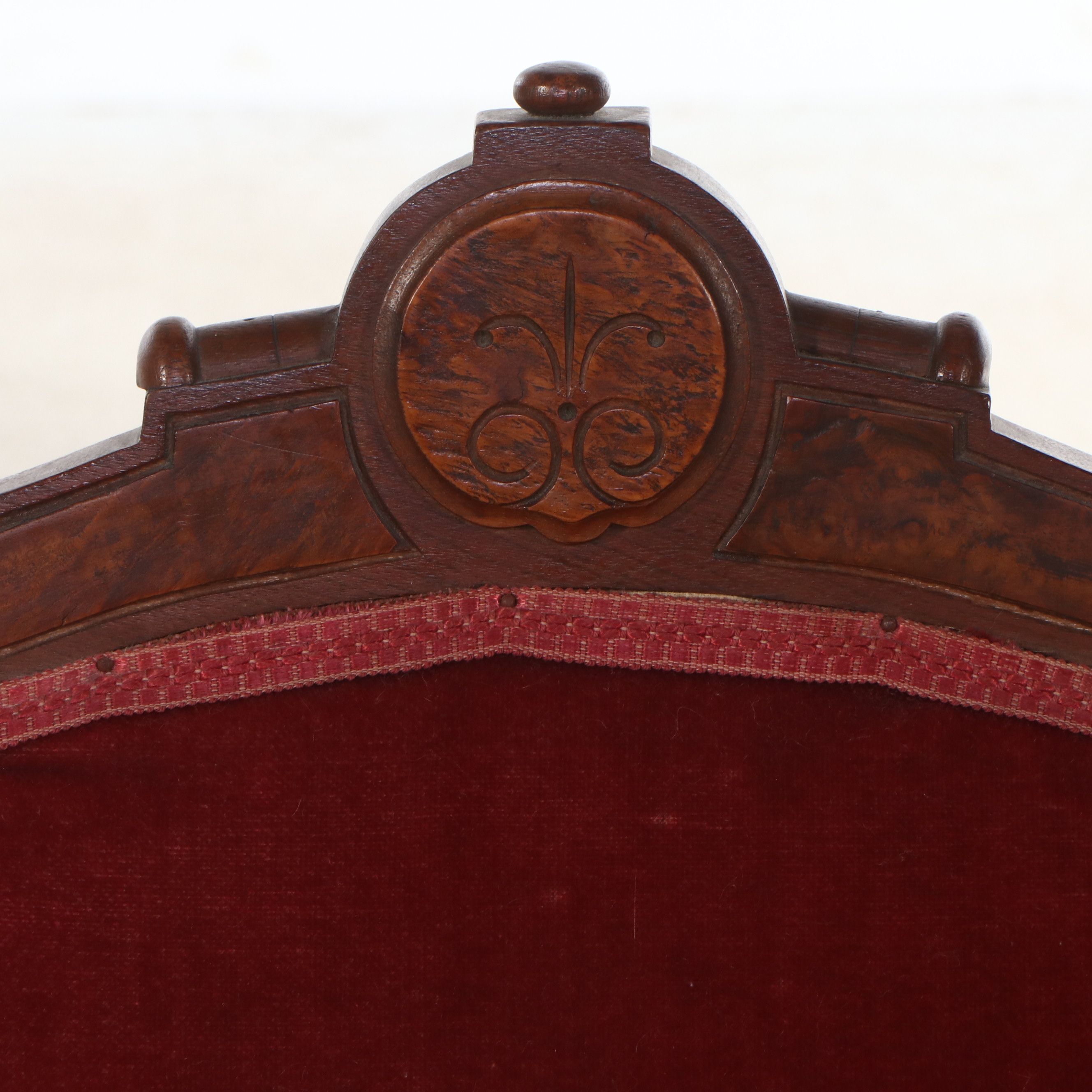 Victorian Eastlake Style Mohair Upholstered Carved Burl and Walnut Parlor Set