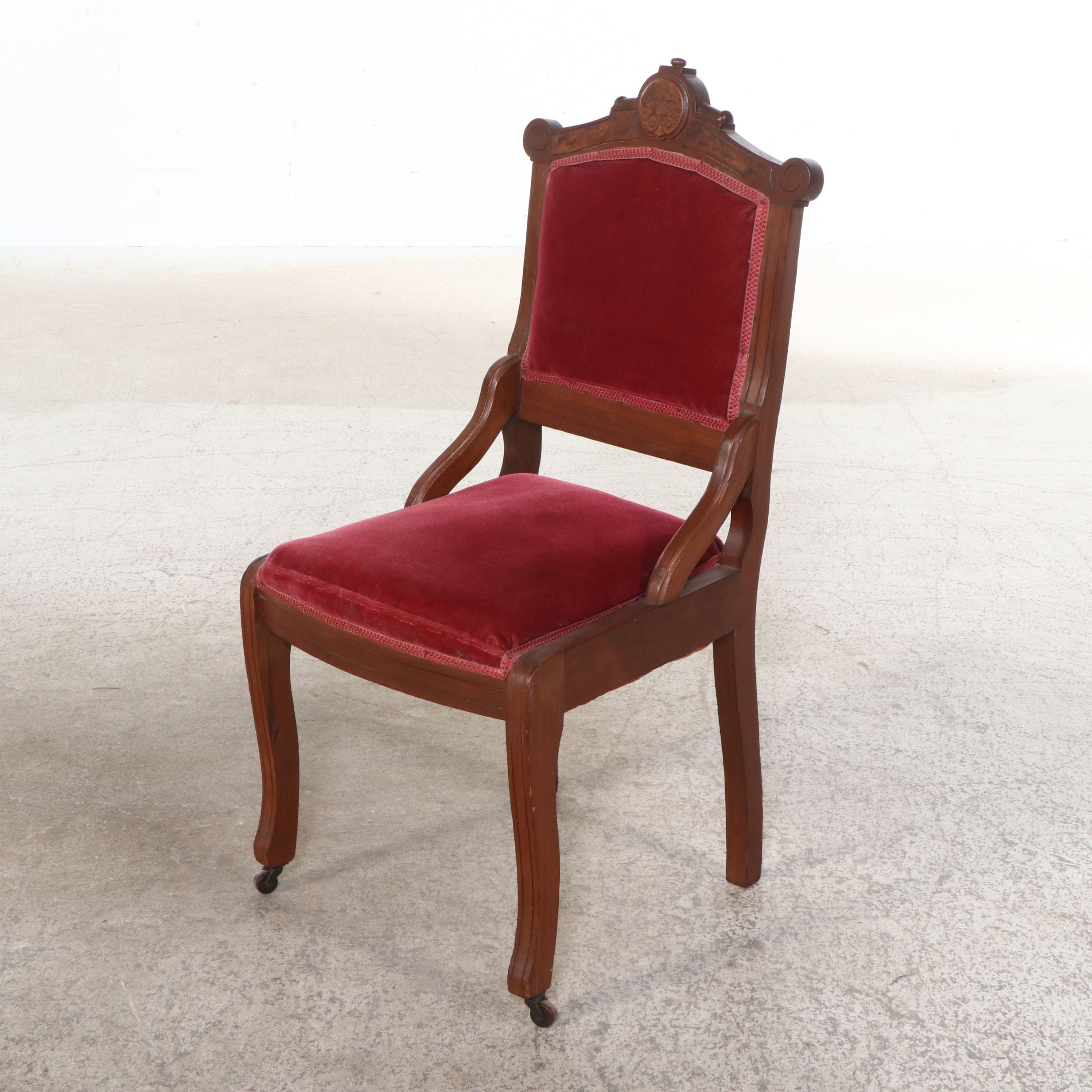 Victorian Eastlake Style Mohair Upholstered Carved Burl and Walnut Parlor Set