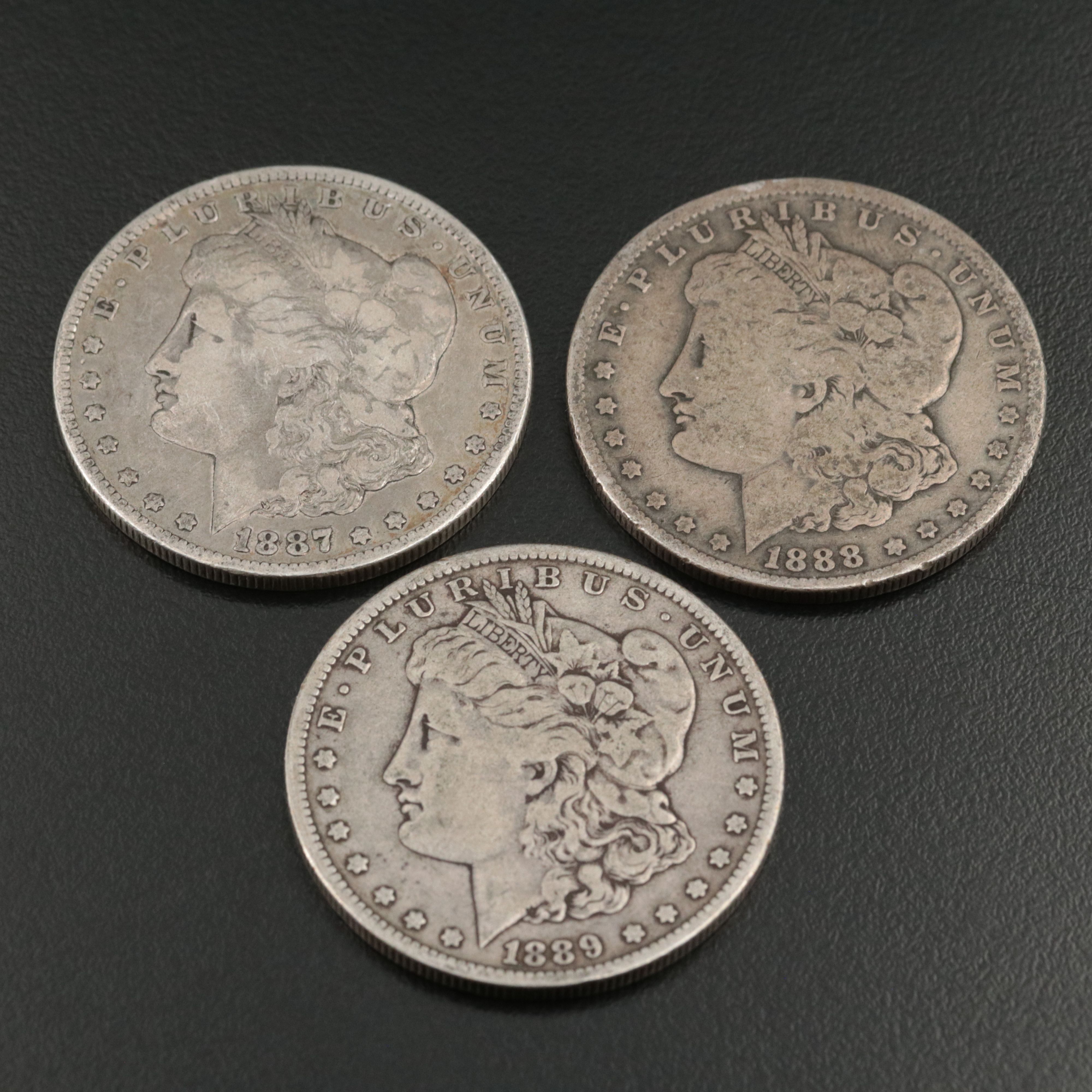 Three Morgan Silver Dollars, 1887 to 1889