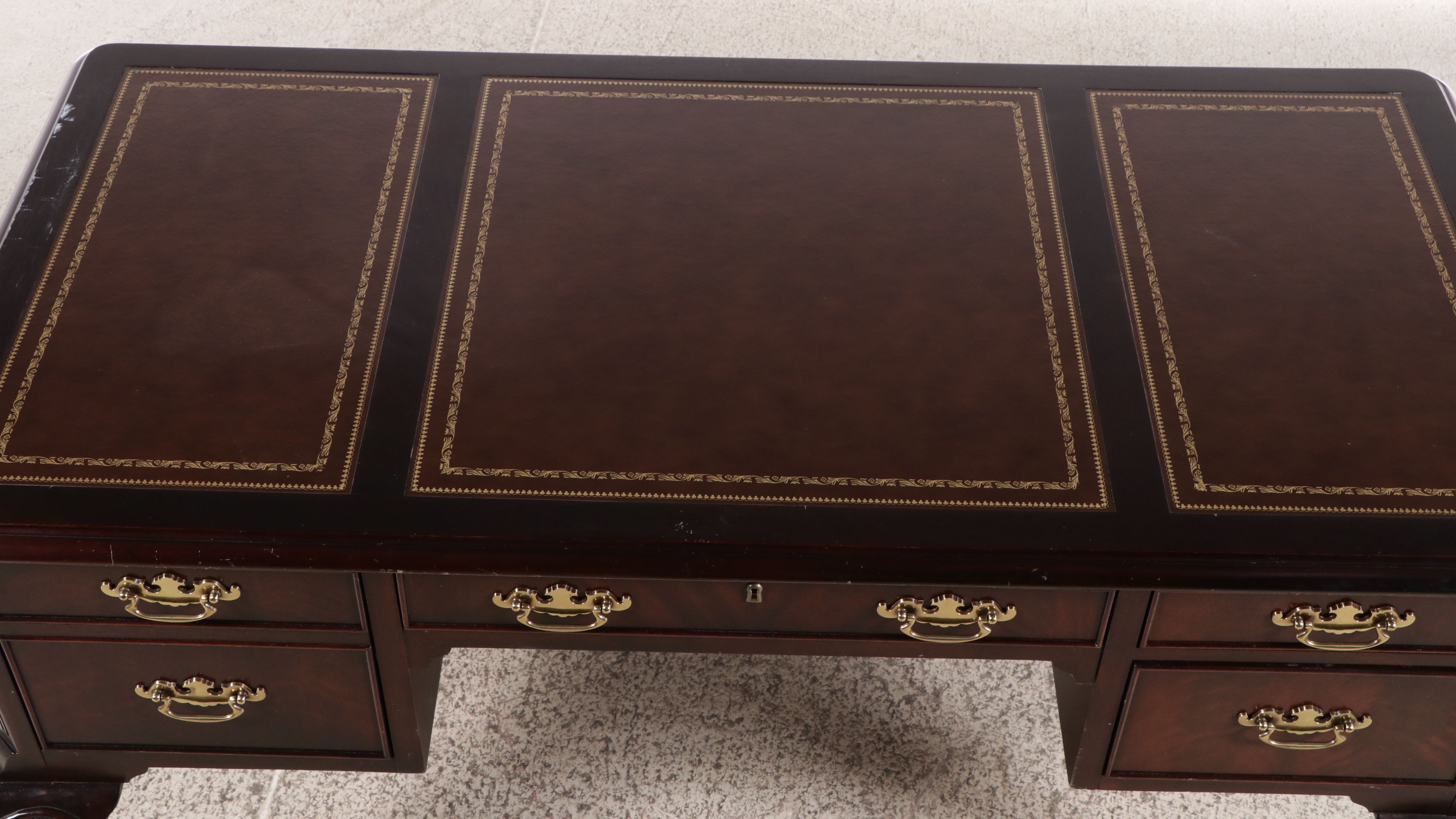 Chippendale Style Mahogany Tooled Leather Top Desk with Coordinating Chair