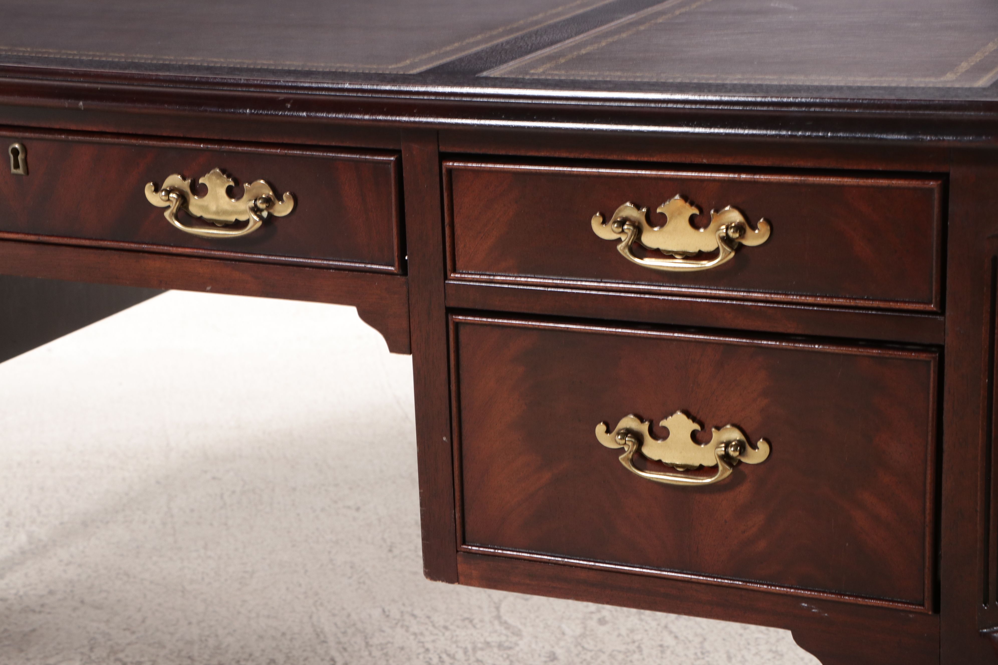 Chippendale Style Mahogany Tooled Leather Top Desk with Coordinating Chair