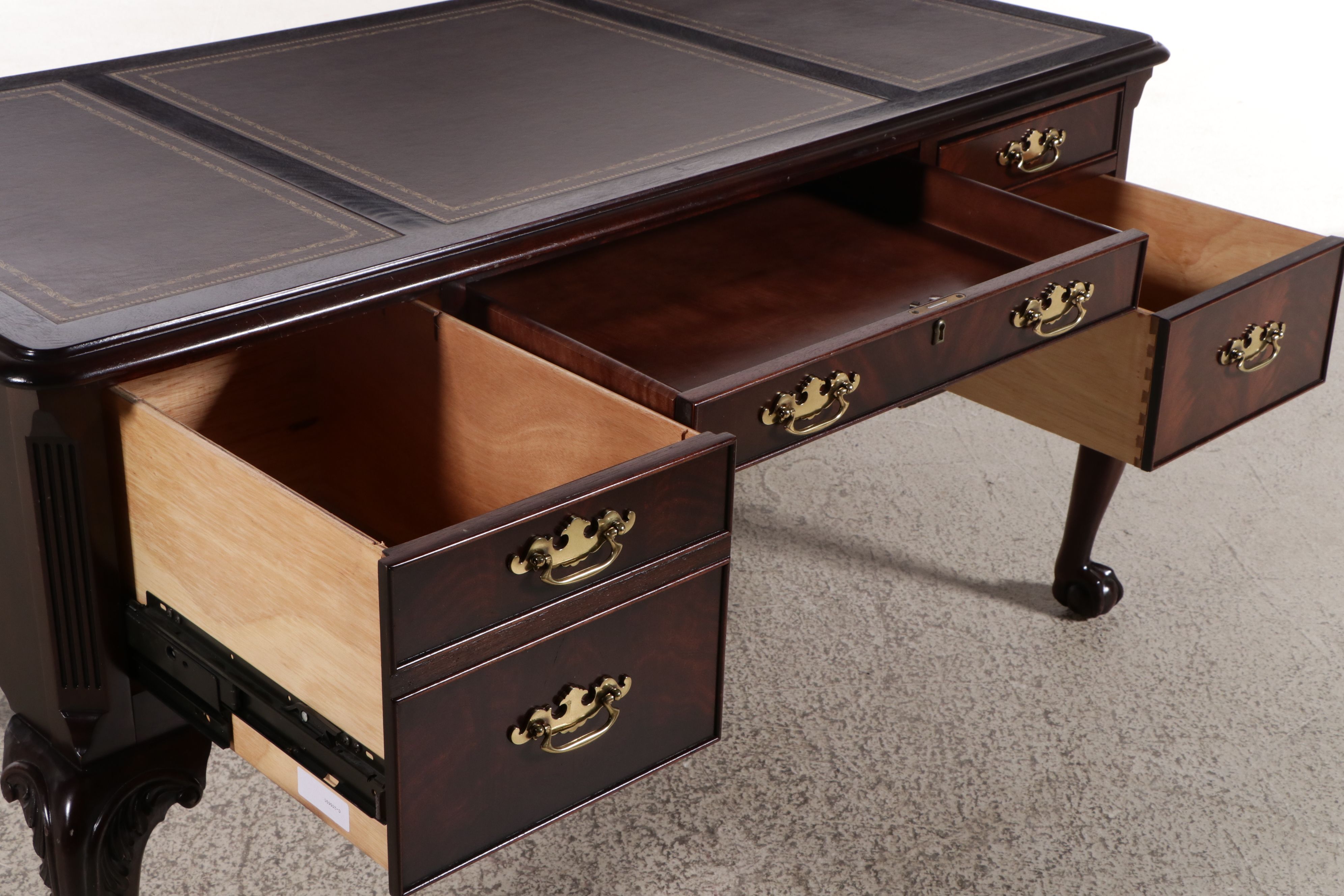 Chippendale Style Mahogany Tooled Leather Top Desk with Coordinating Chair