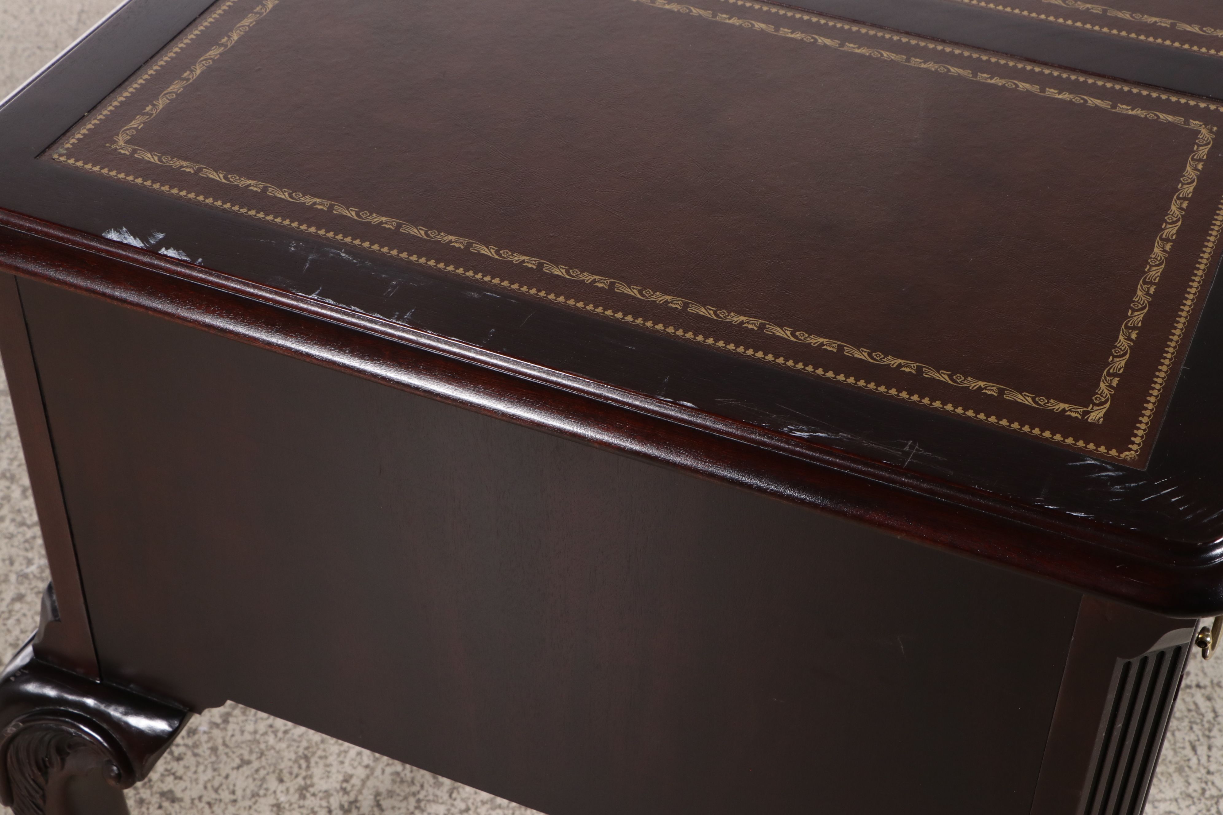 Chippendale Style Mahogany Tooled Leather Top Desk with Coordinating Chair
