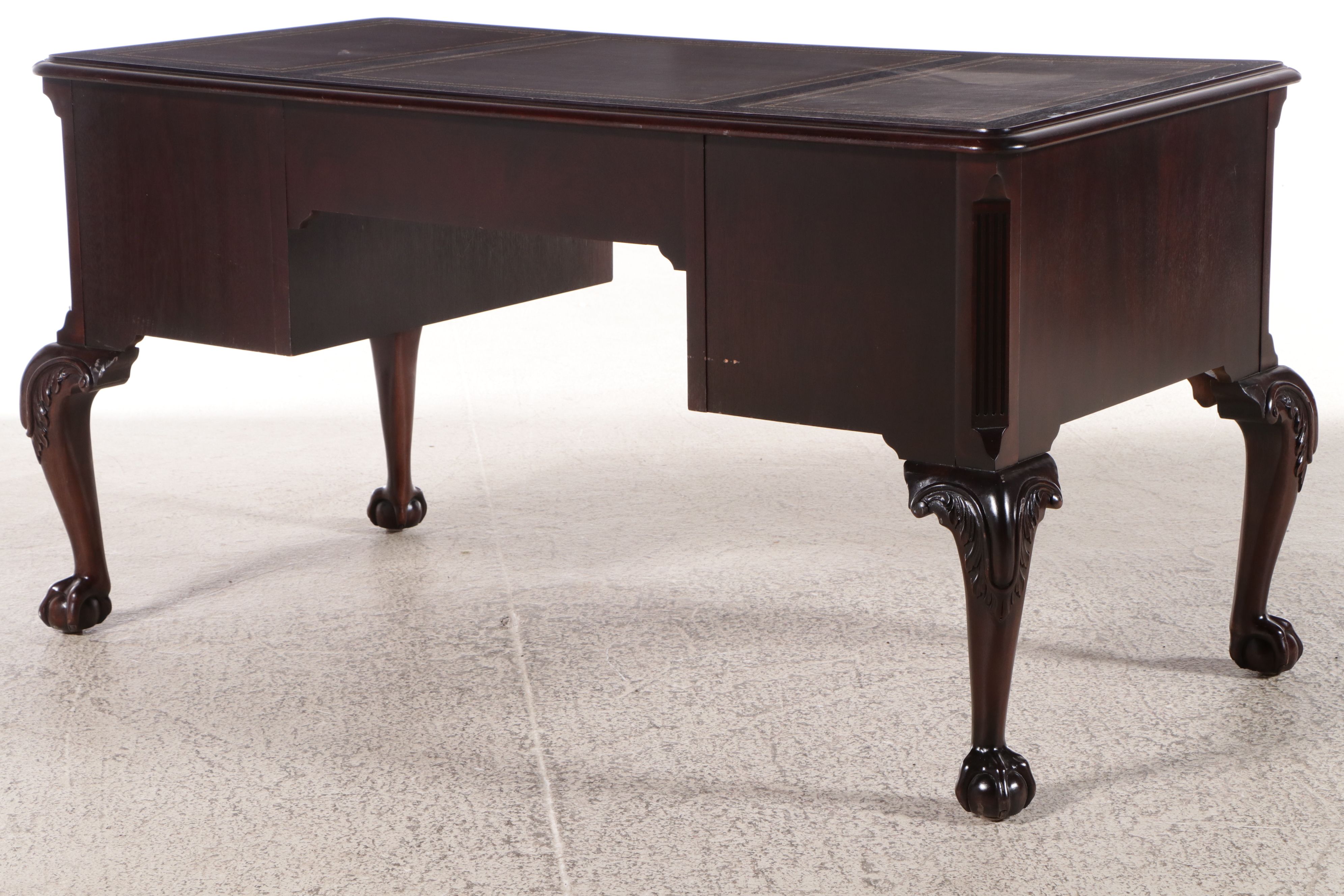 Chippendale Style Mahogany Tooled Leather Top Desk with Coordinating Chair