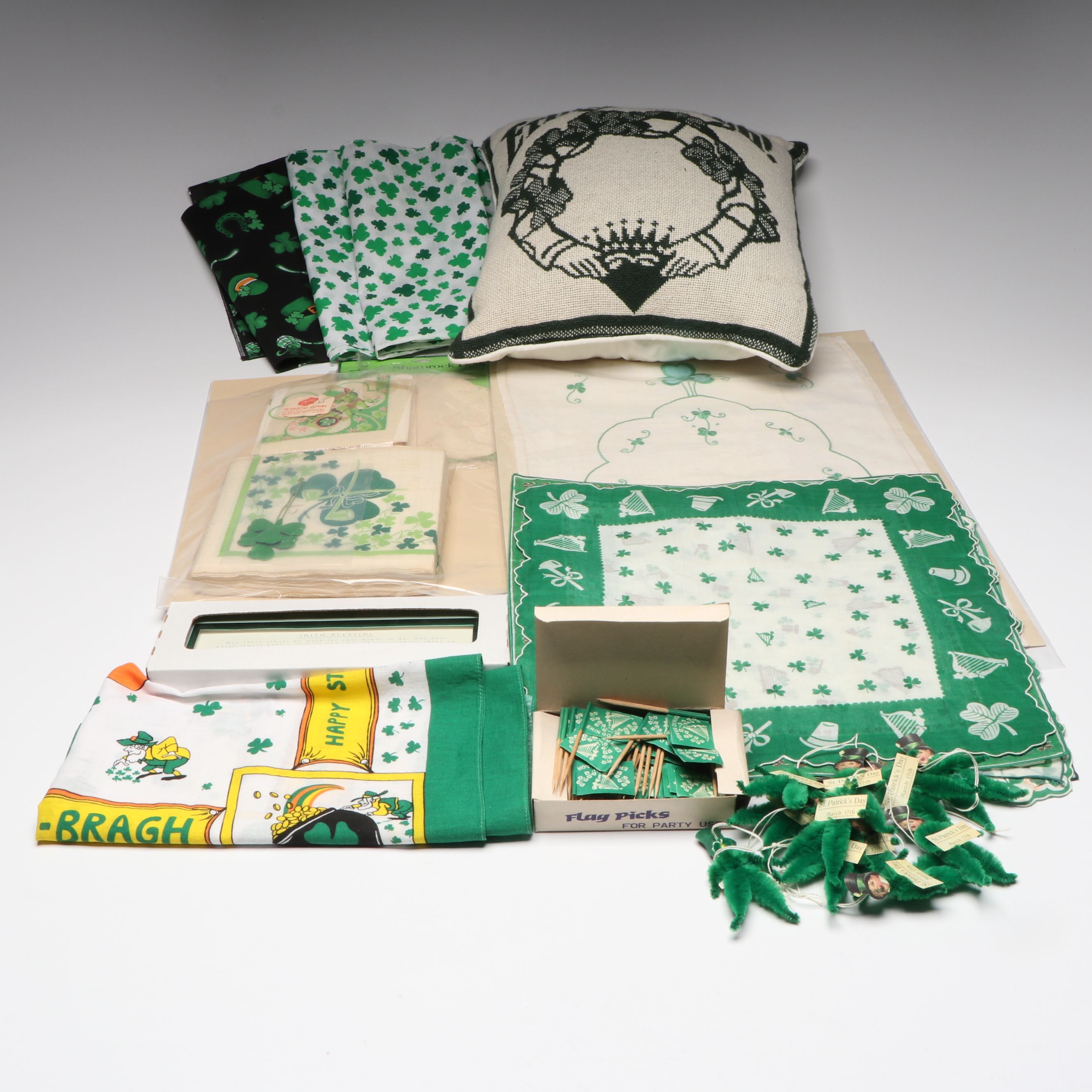 St. Patrick's Day Handkerchiefs, Accent Pillow and Other Vintage Décor