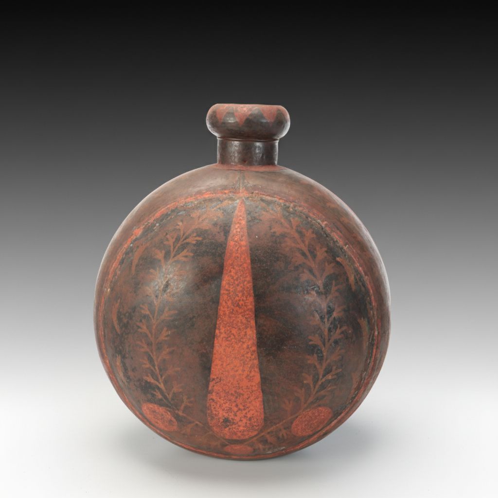 Folk Art Style Paint Decorated Ceramic and Metal Water Flask