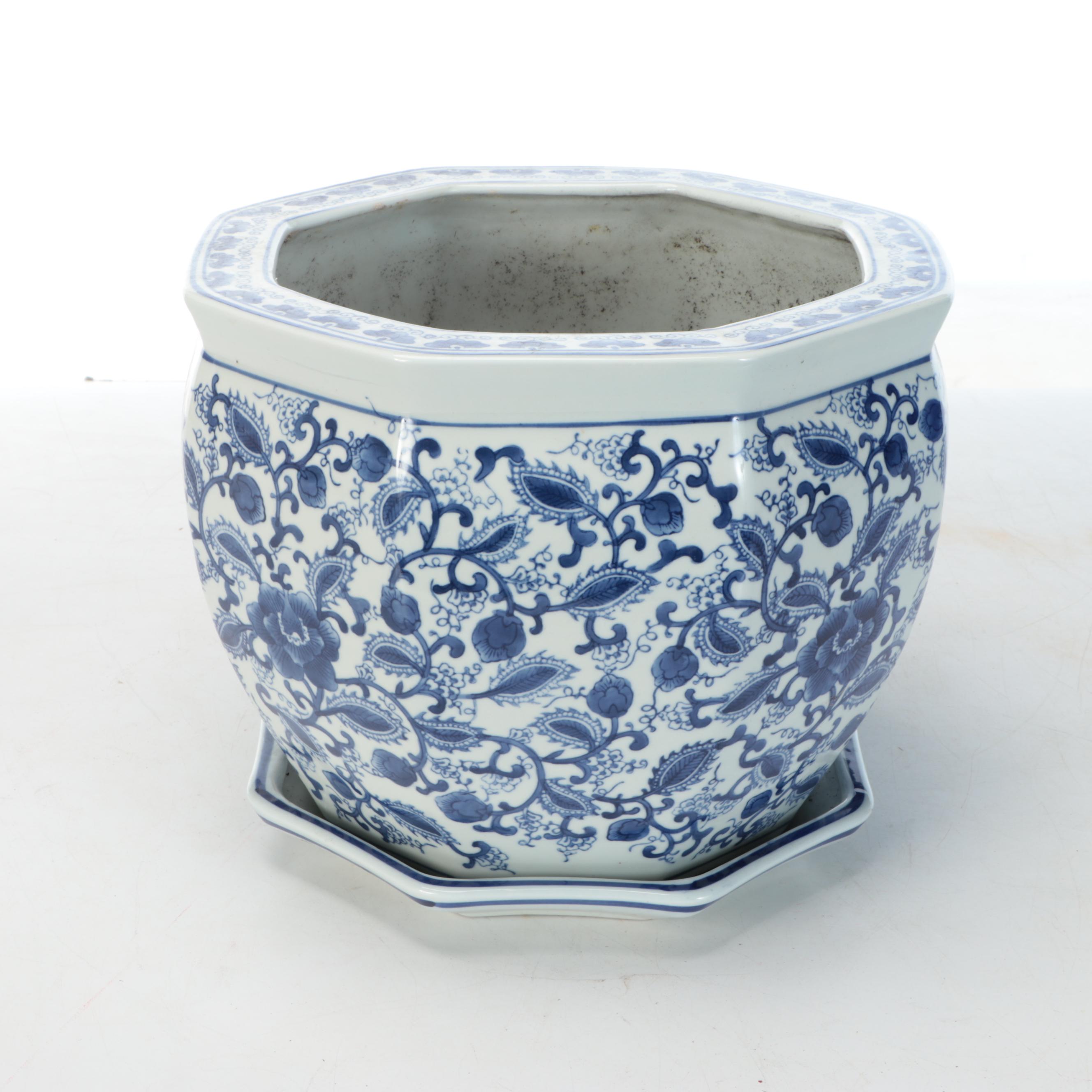 Chinese Blue and White Porcelain Planter and Underplate