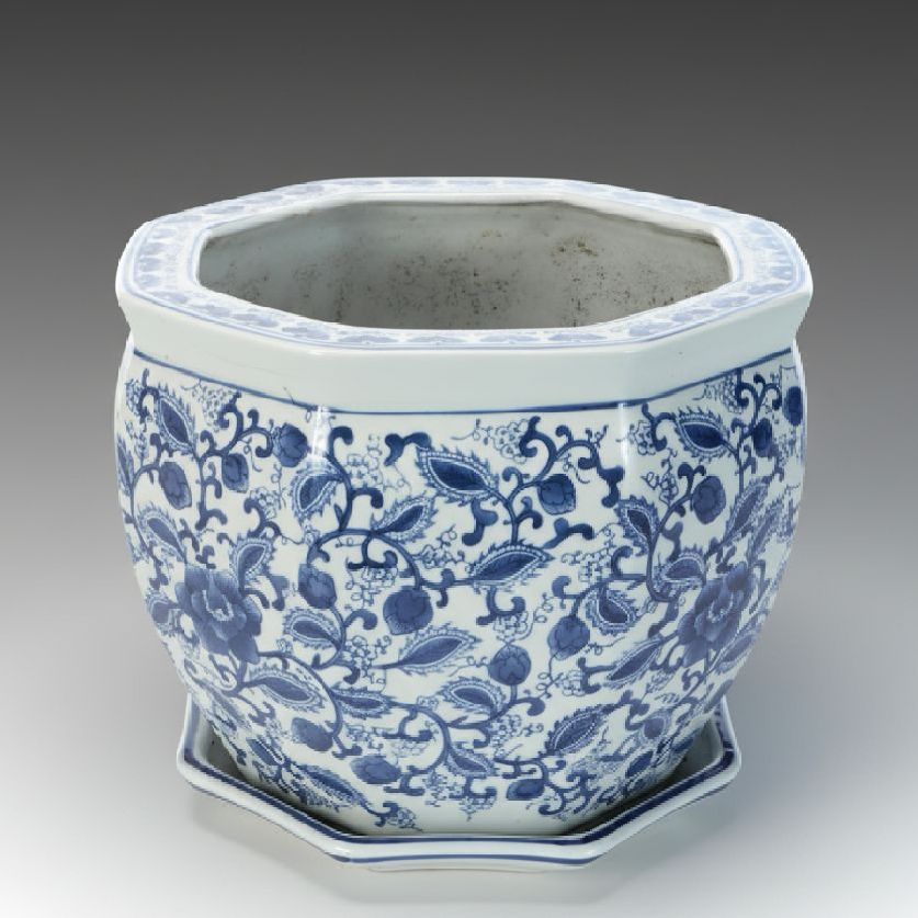 Chinese Blue and White Porcelain Planter and Underplate
