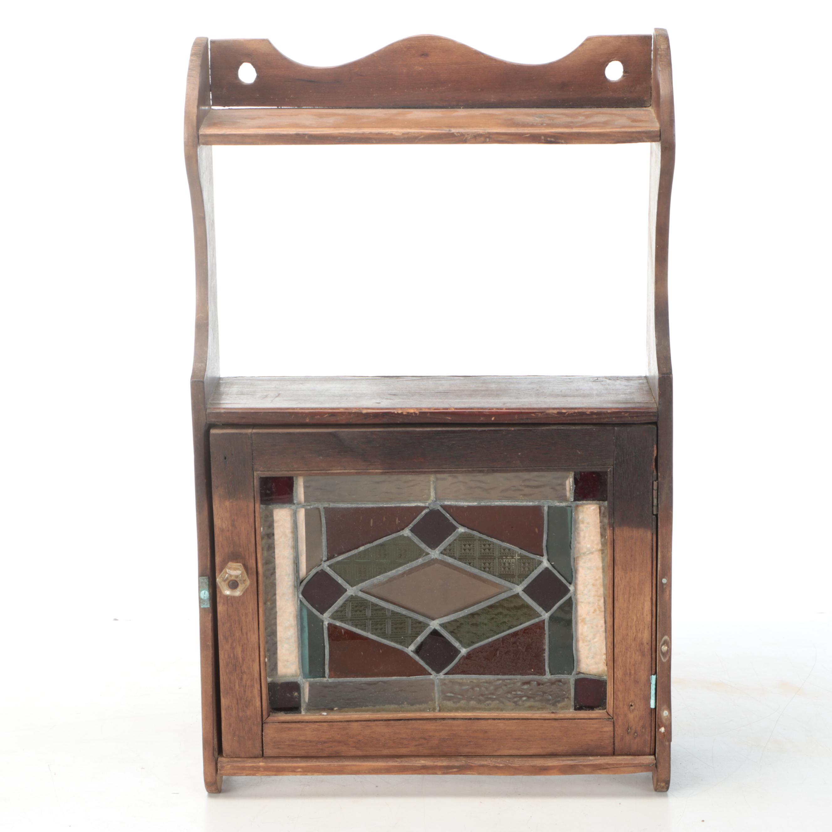 Wood Wall Hanging Shelf with Stained Glass Cabinet