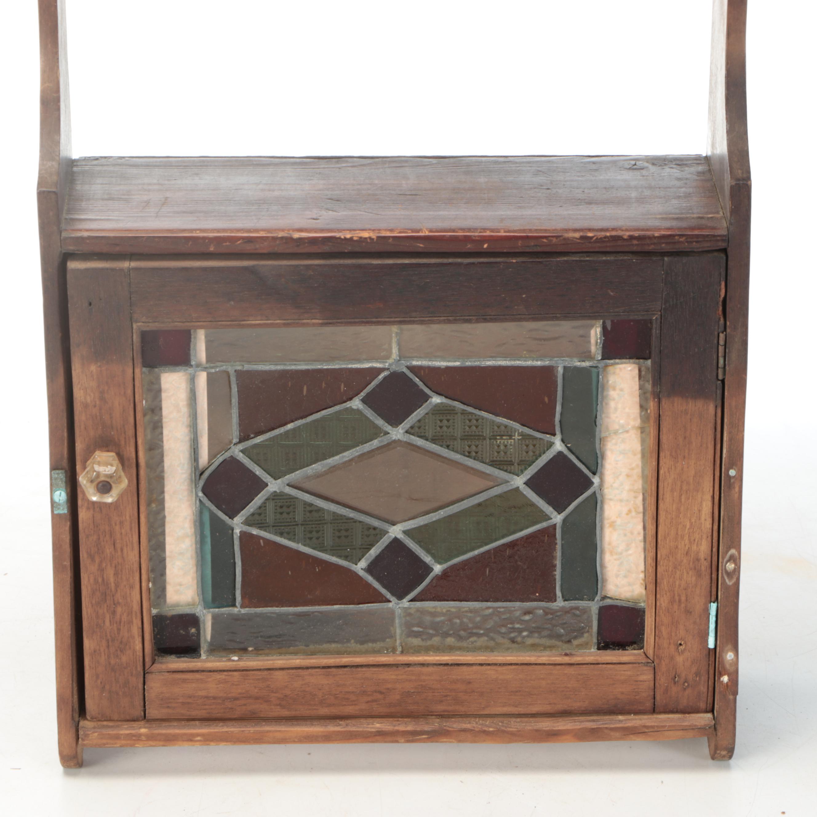 Wood Wall Hanging Shelf with Stained Glass Cabinet