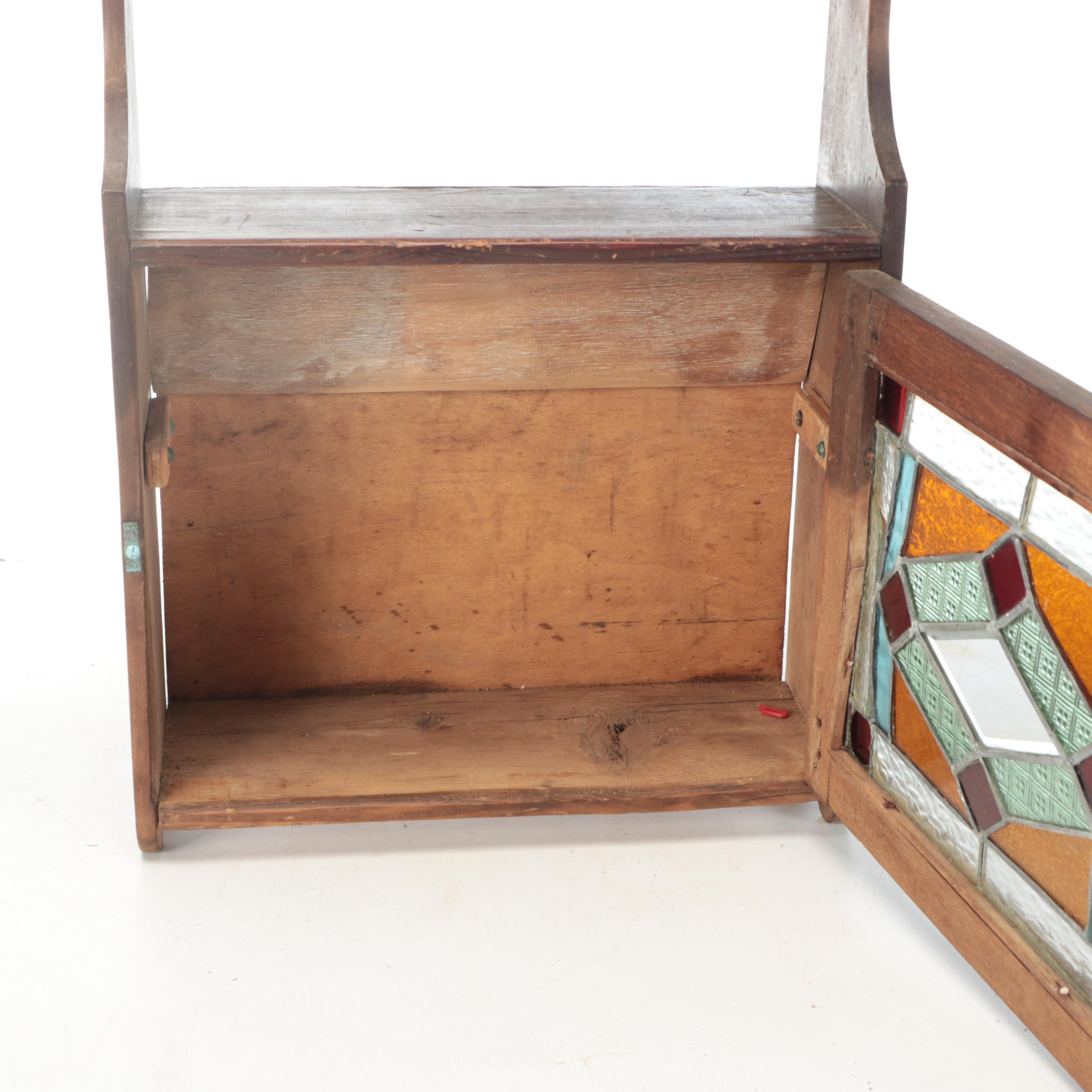 Wood Wall Hanging Shelf with Stained Glass Cabinet