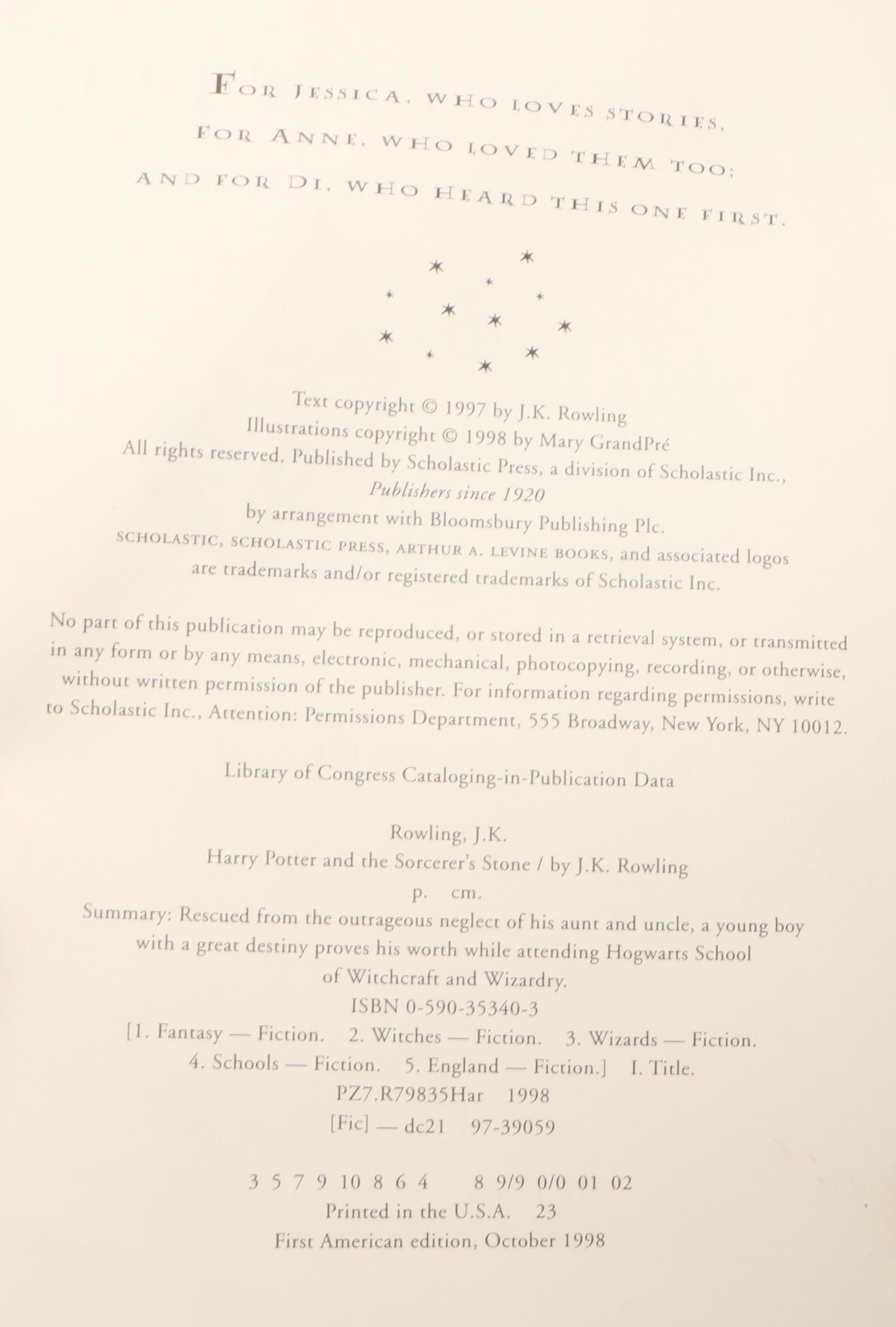 First American Edition with Six First Printings "Harry Potter" by J. K. Rowling