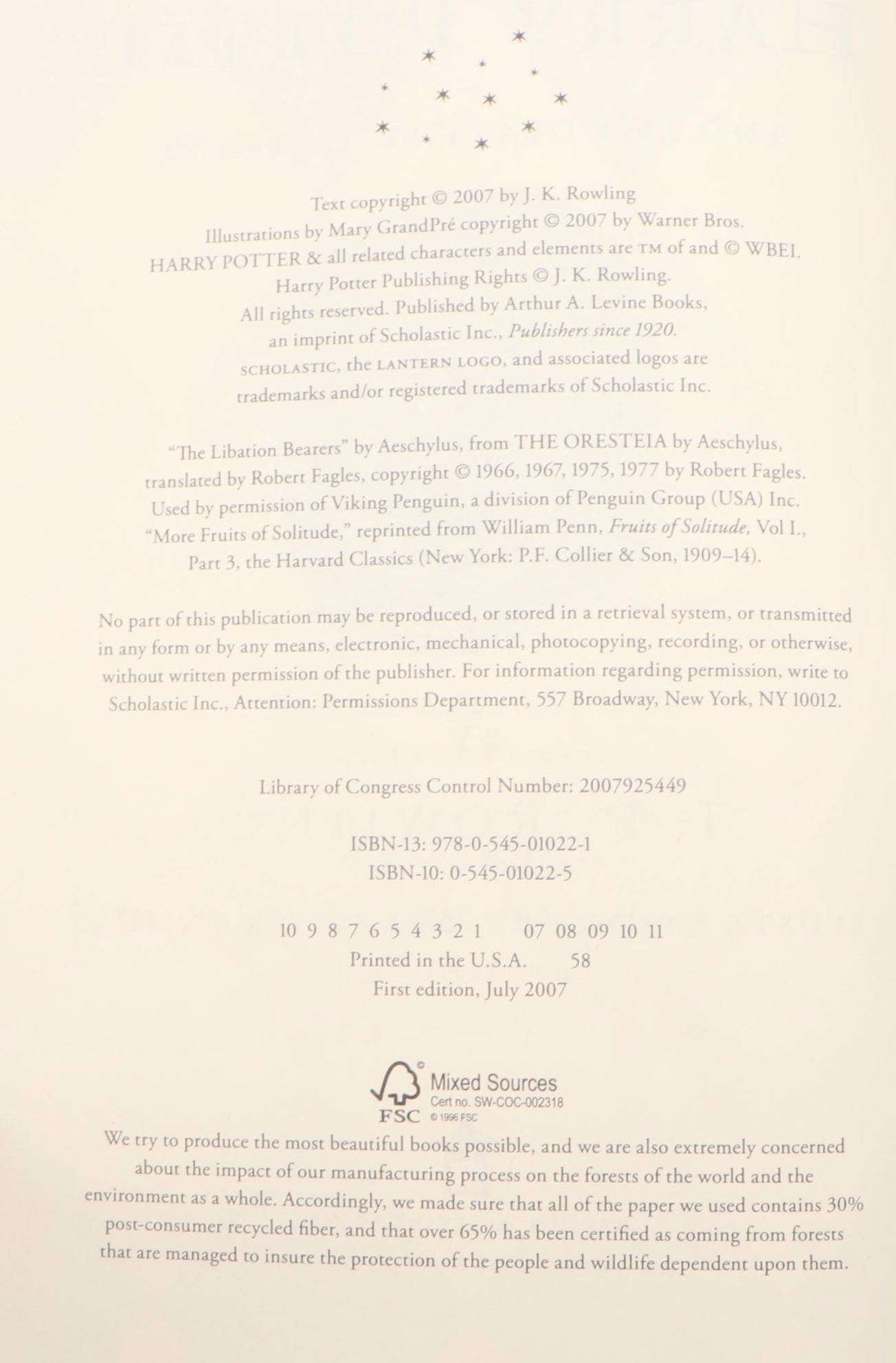 First American Edition with Six First Printings "Harry Potter" by J. K. Rowling