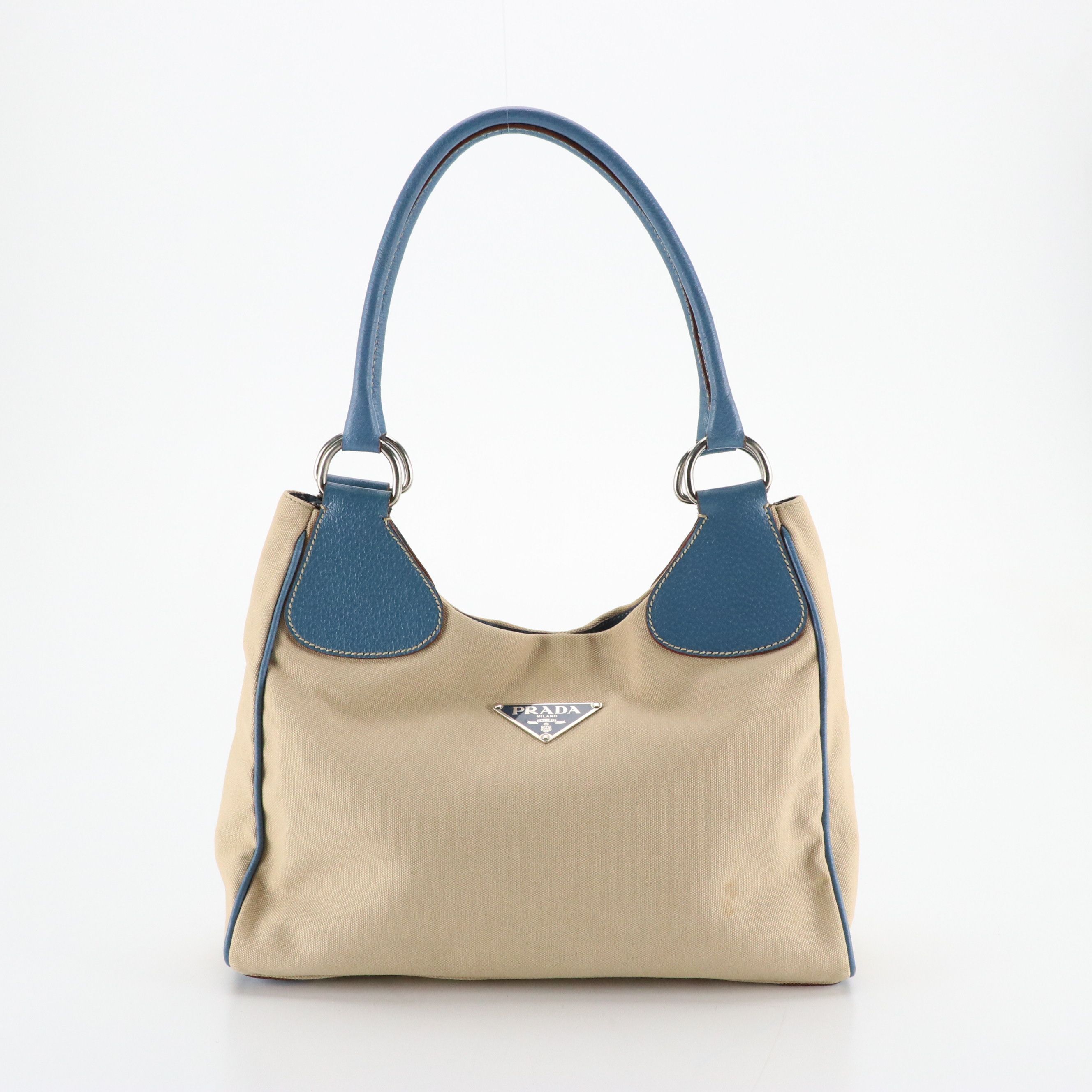 Prada Beige Canvas and Blue Leather Hobo Shoulder Bag