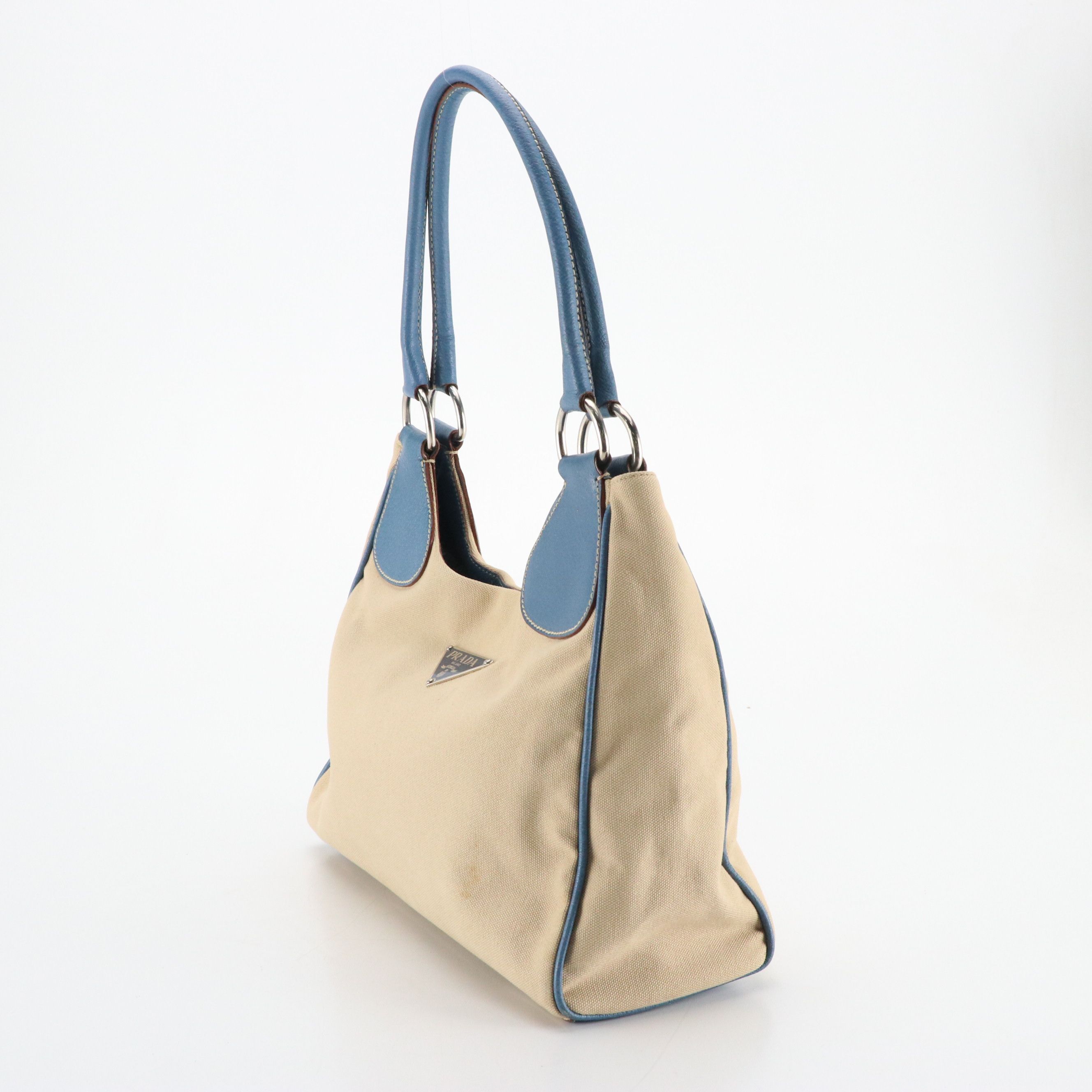 Prada Beige Canvas and Blue Leather Hobo Shoulder Bag