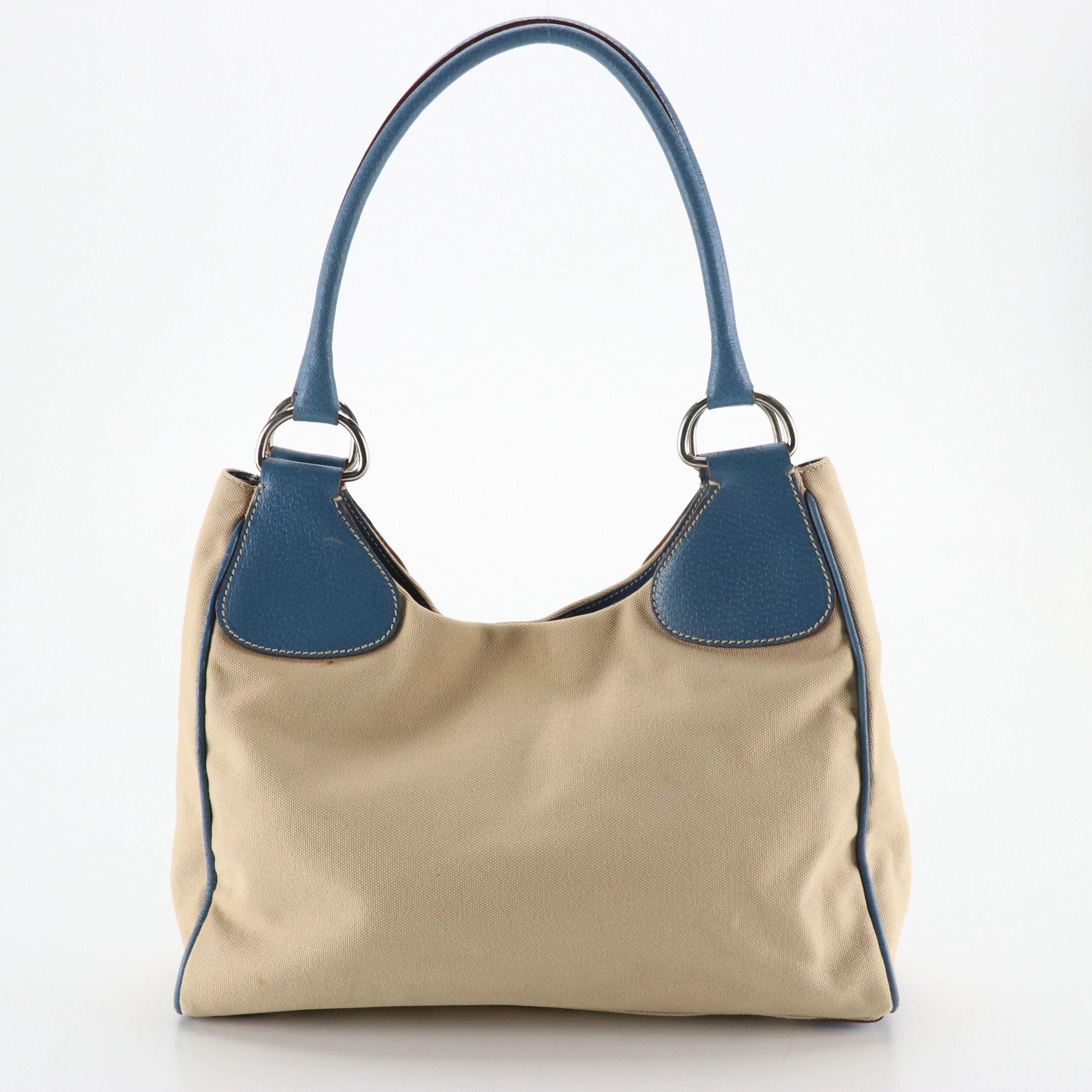 Prada Beige Canvas and Blue Leather Hobo Shoulder Bag