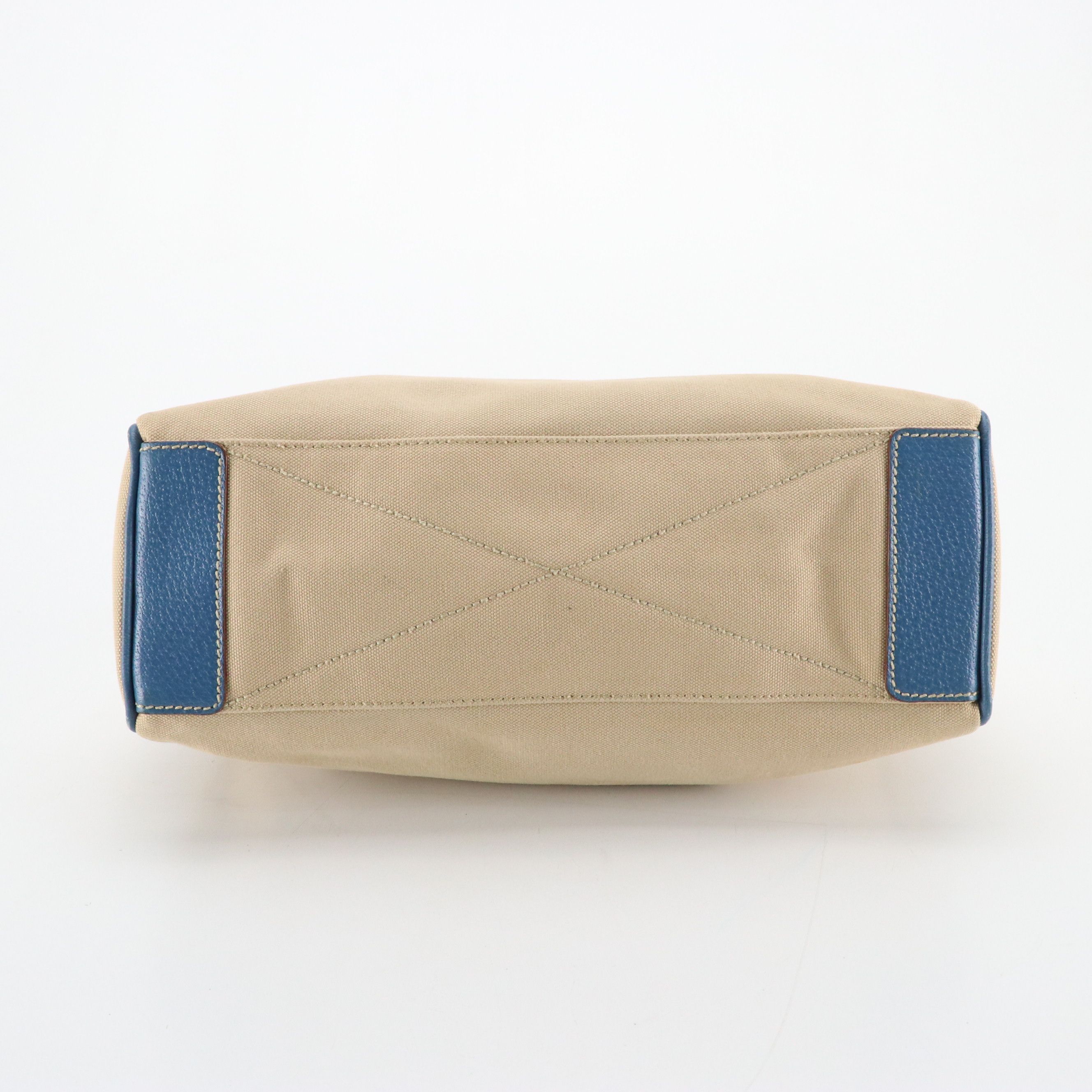 Prada Beige Canvas and Blue Leather Hobo Shoulder Bag