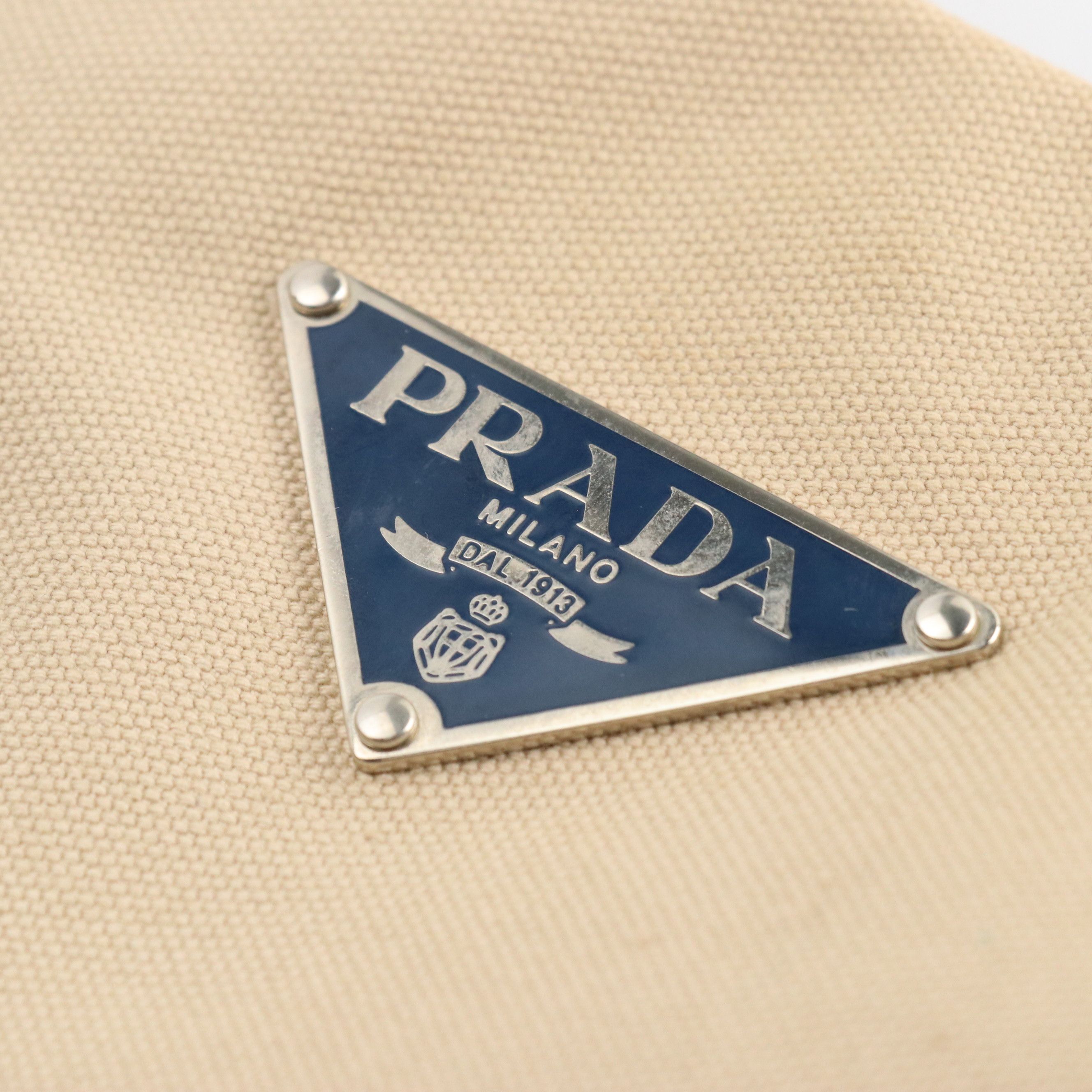 Prada Beige Canvas and Blue Leather Hobo Shoulder Bag