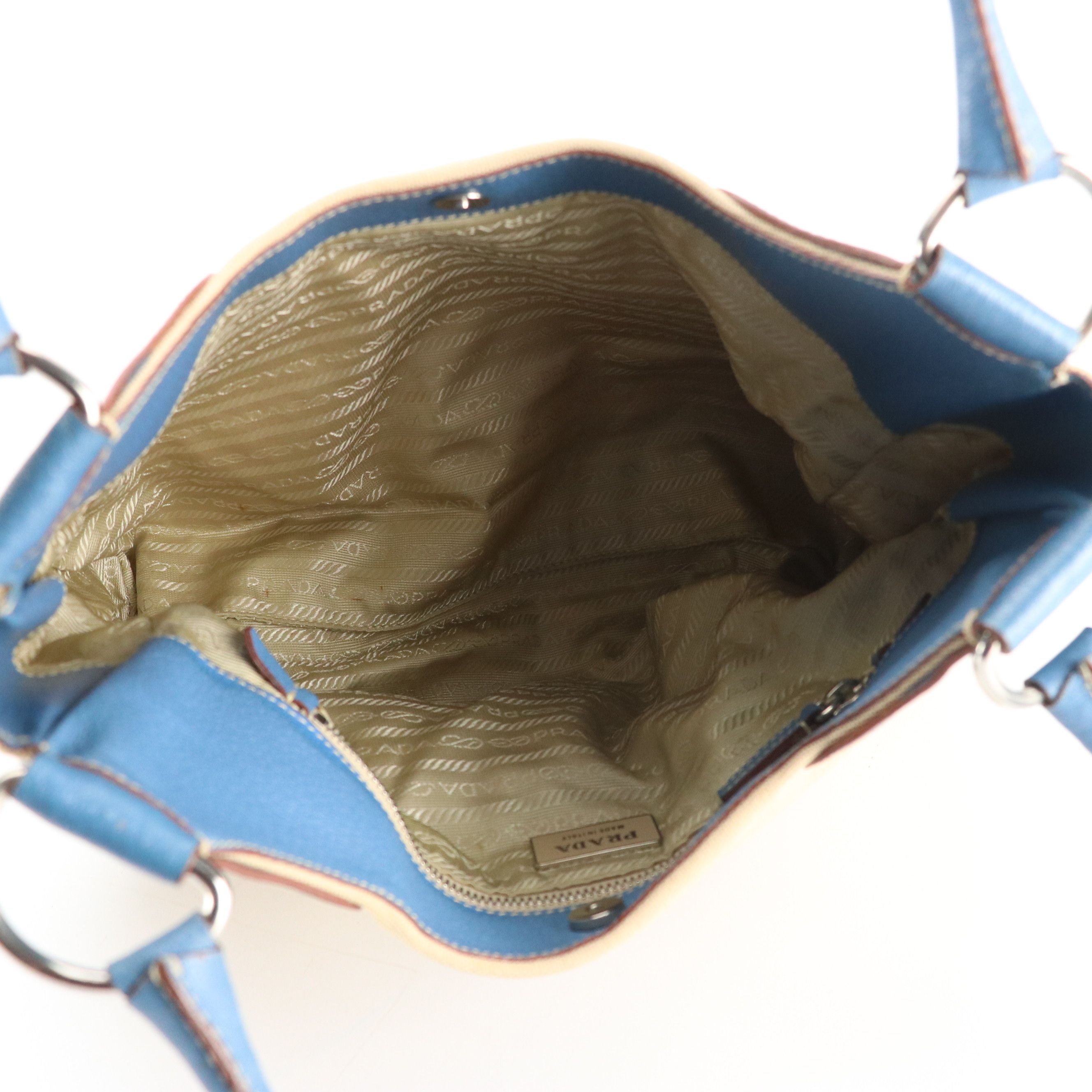 Prada Beige Canvas and Blue Leather Hobo Shoulder Bag