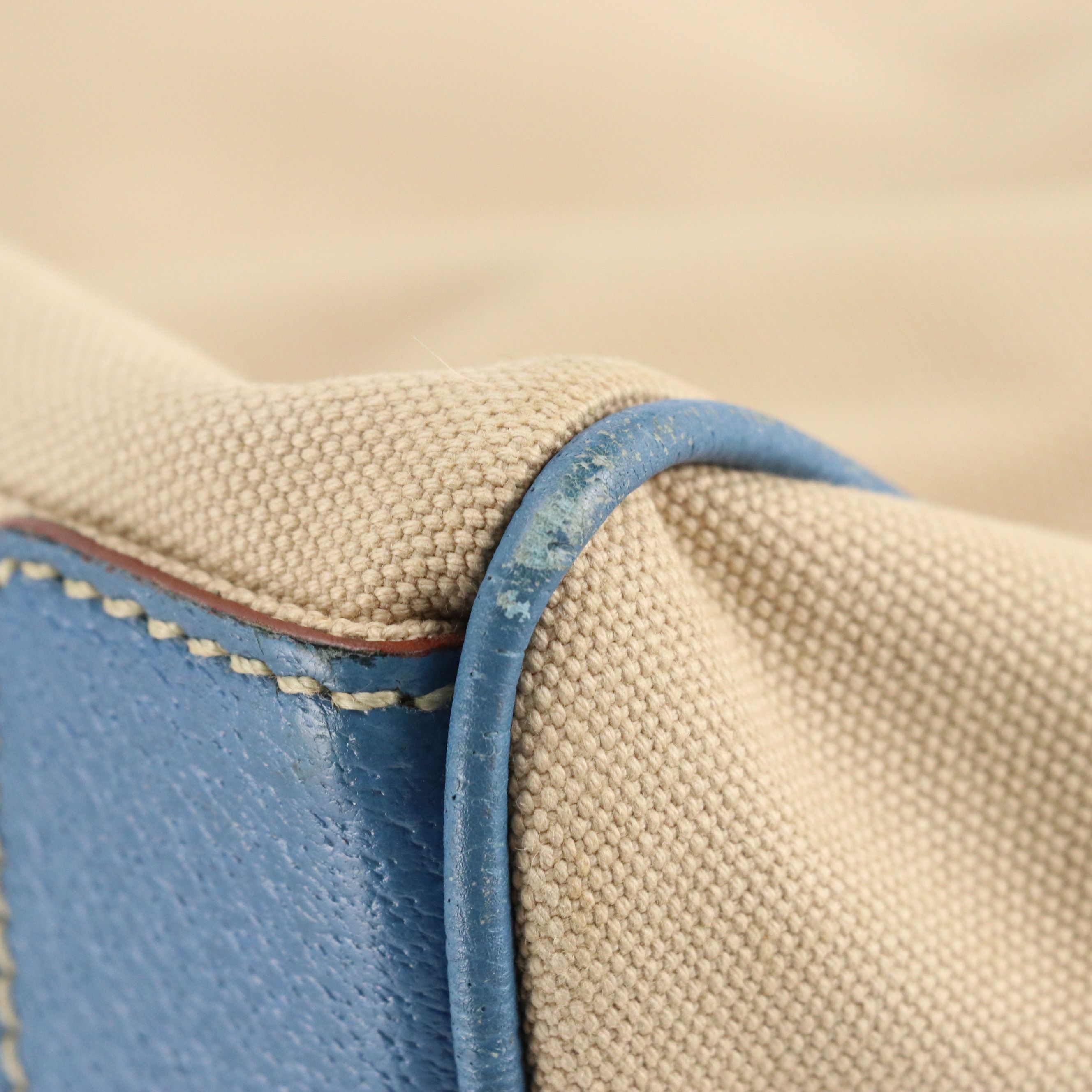 Prada Beige Canvas and Blue Leather Hobo Shoulder Bag