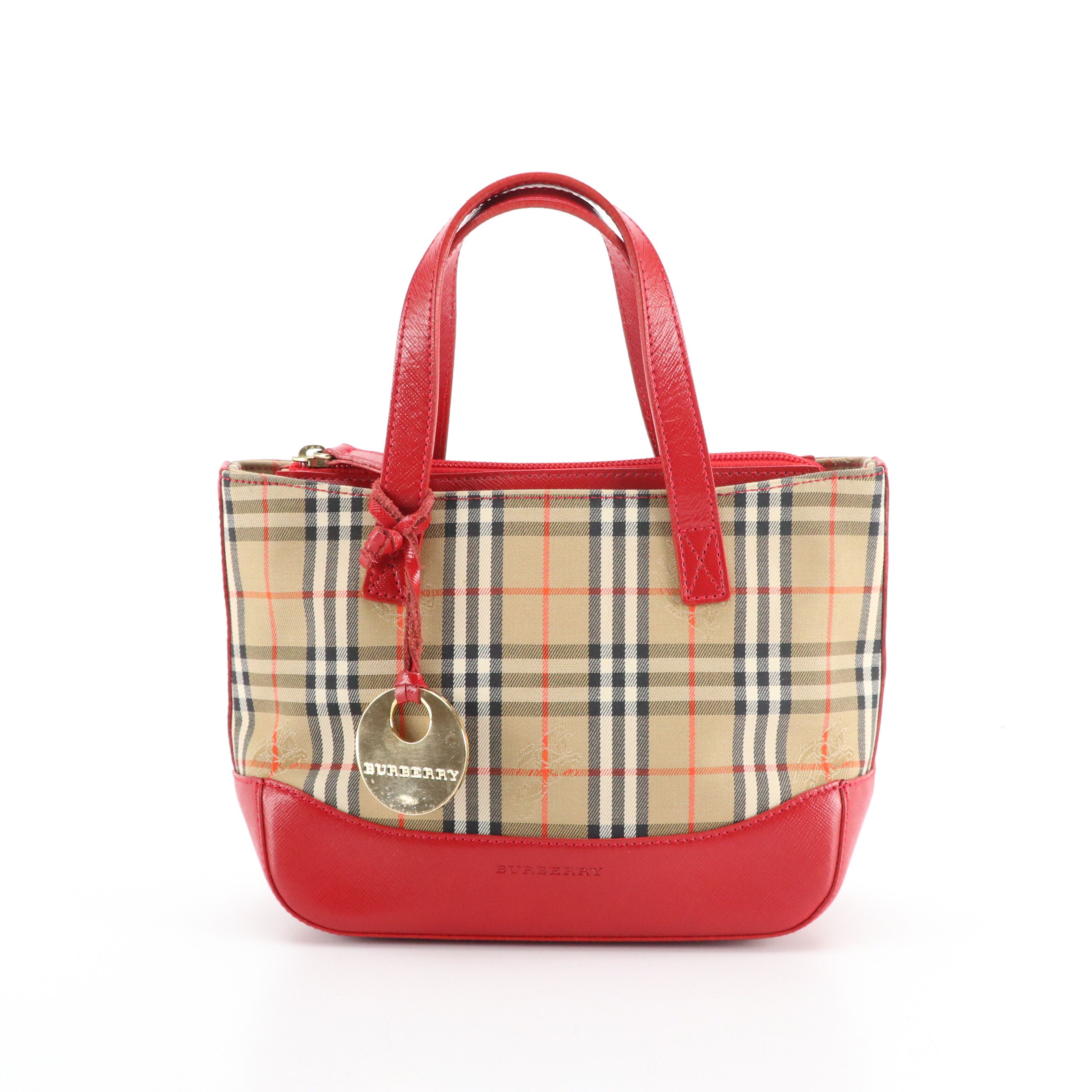 Burberry Mini Handbag in Haymarket Check Canvas and Red Saffiano Leather Trim