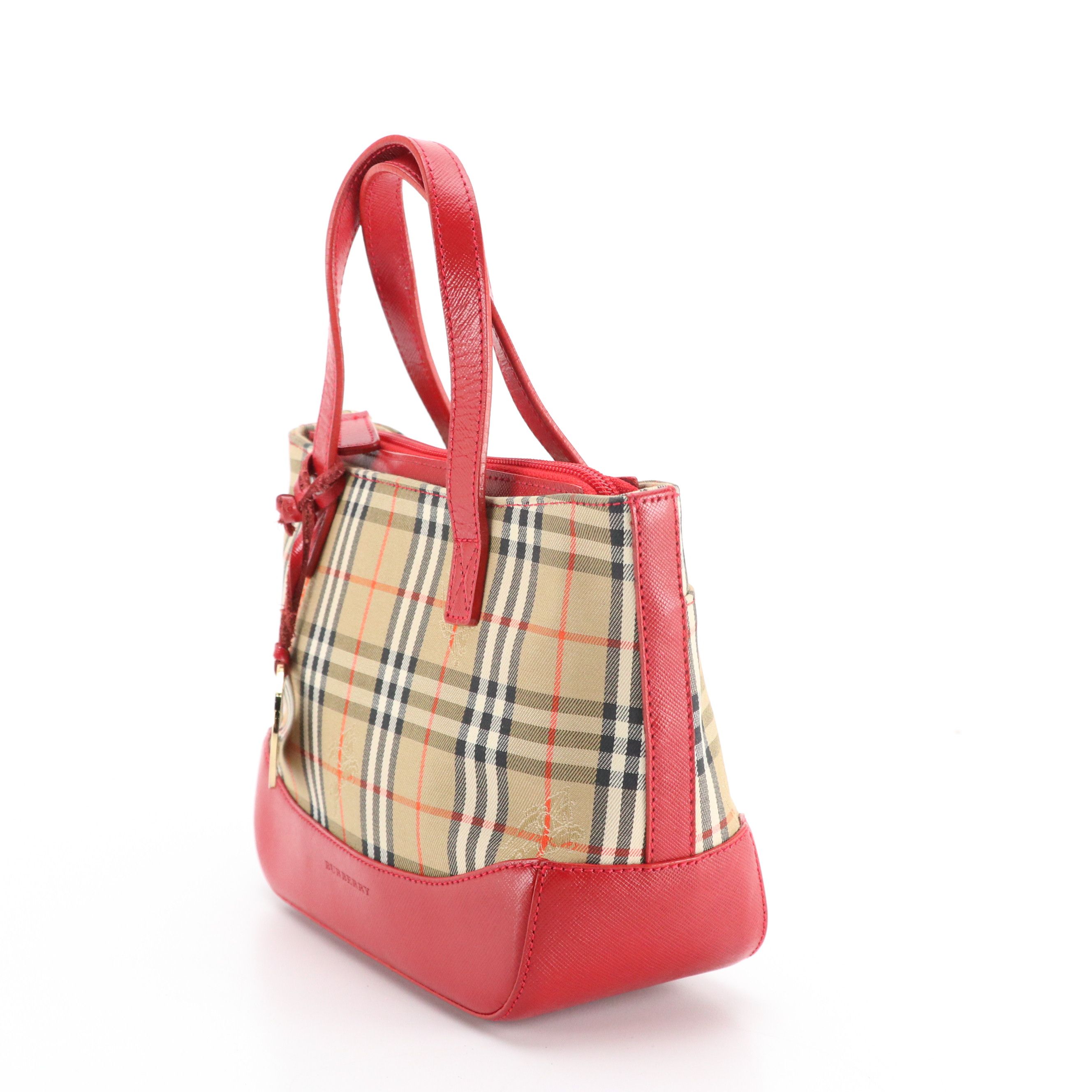 Burberry Mini Handbag in Haymarket Check Canvas and Red Saffiano Leather Trim