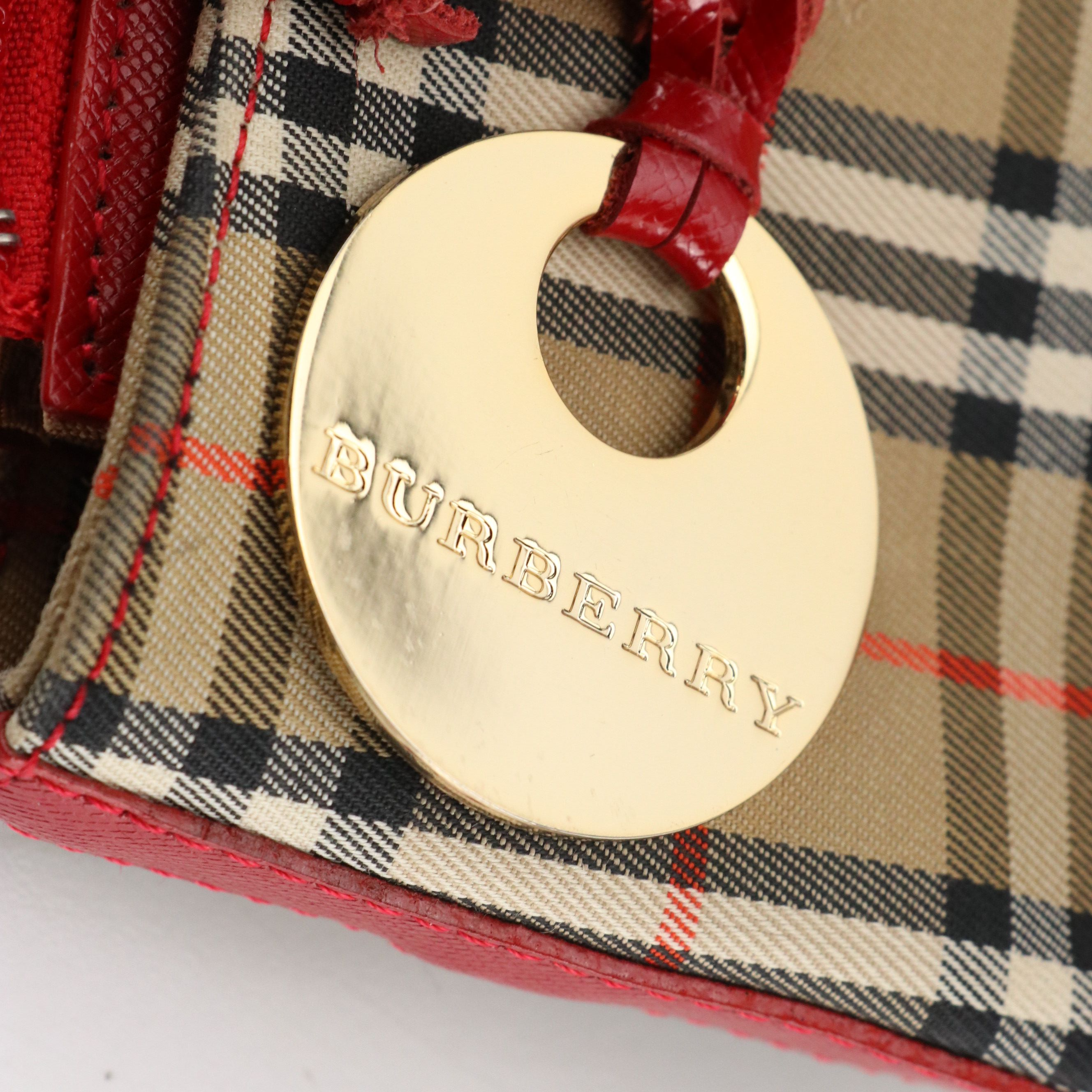 Burberry Mini Handbag in Haymarket Check Canvas and Red Saffiano Leather Trim