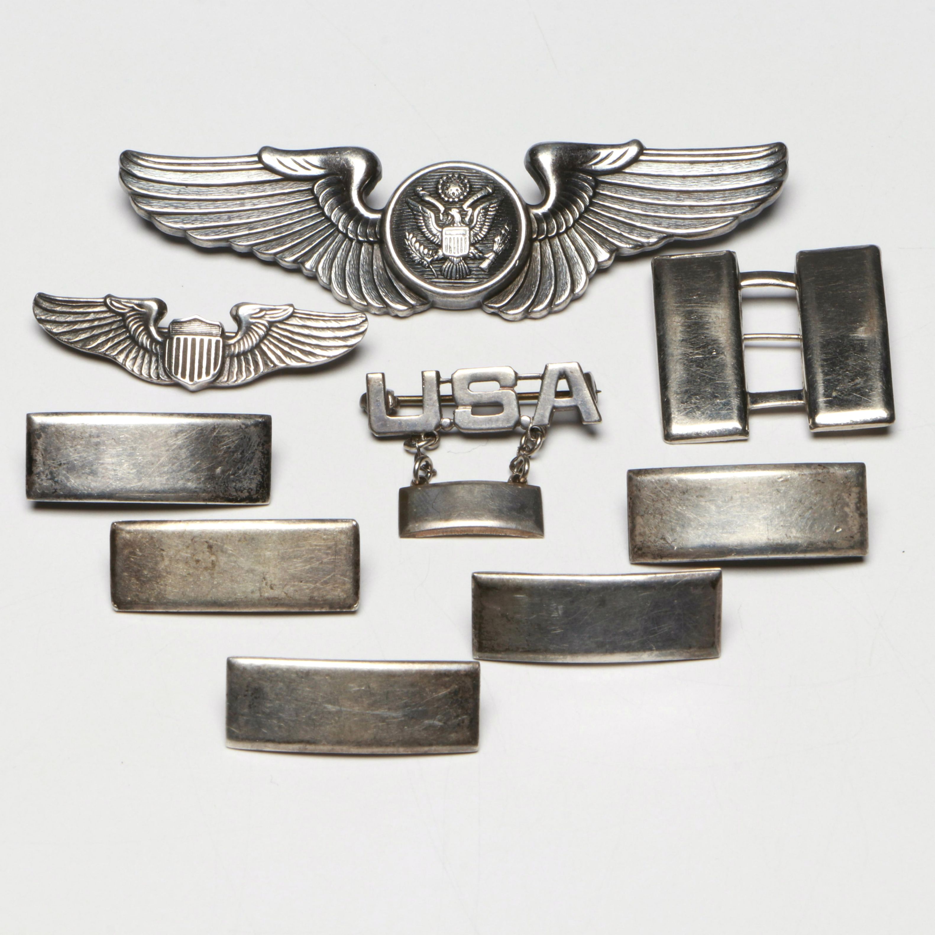 World War II Era Sterling Silver Air Crew Badge, Rank Bar Pins and More