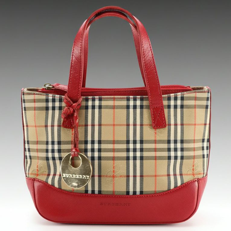 Burberry Mini Handbag in Haymarket Check Canvas and Red Saffiano Leather Trim