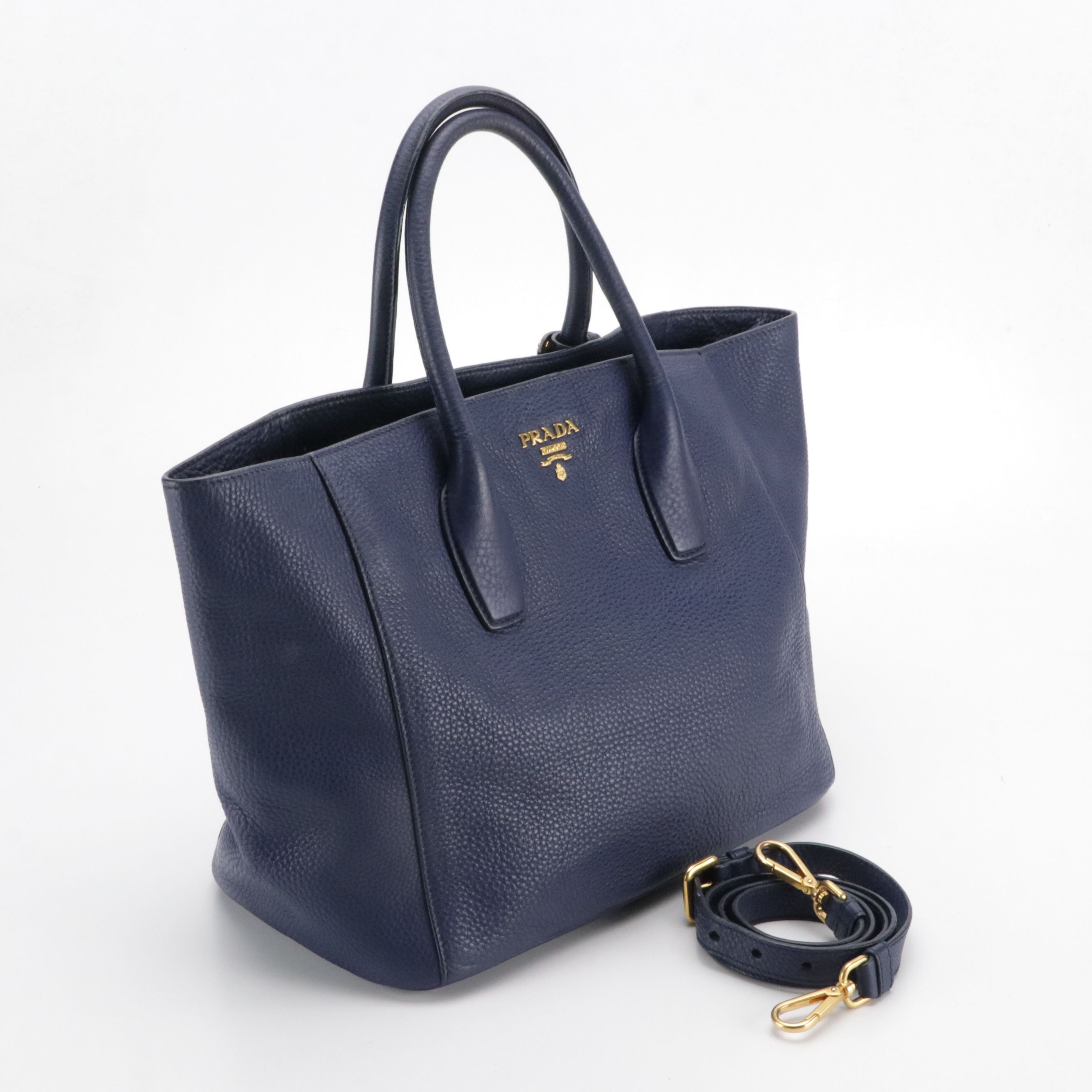 Prada Two-Way Tote Bag in Ink Blue Vitello Daino Leather