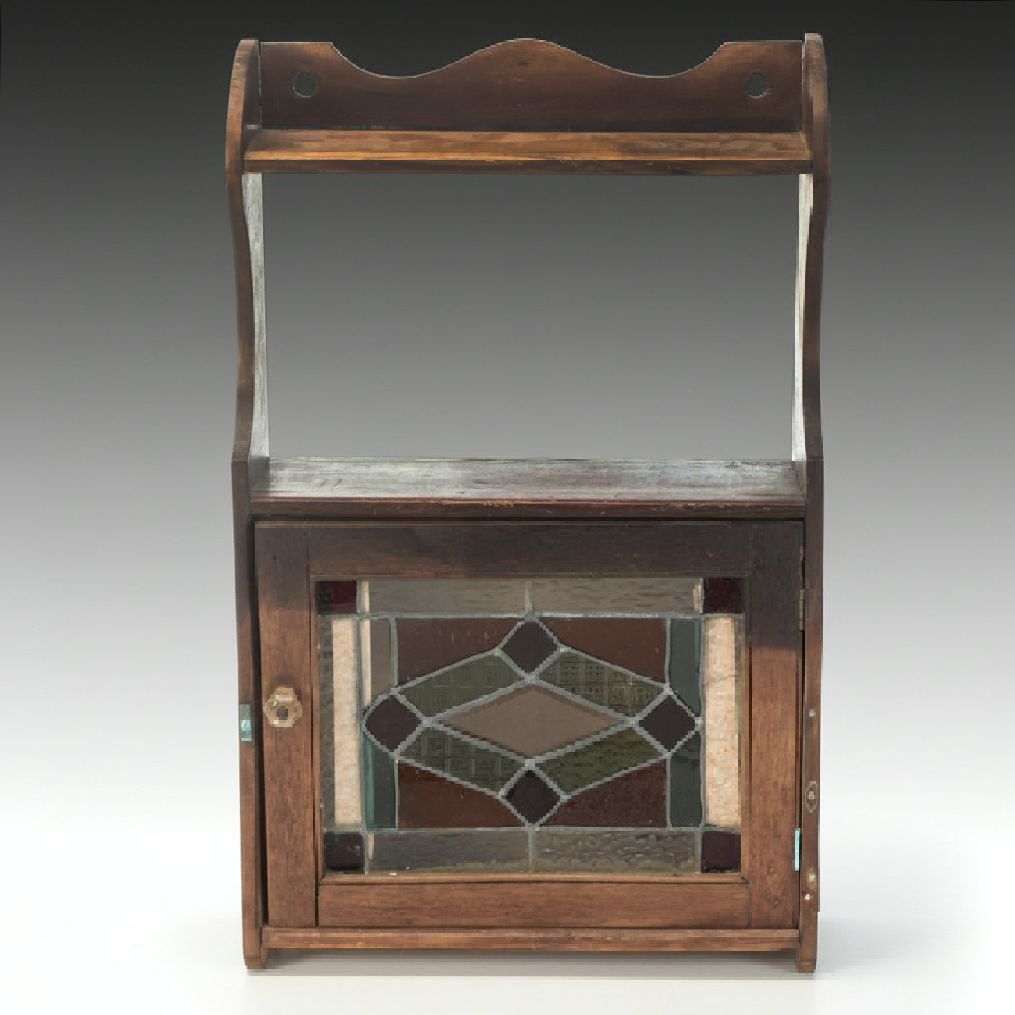 Wood Wall Hanging Shelf with Stained Glass Cabinet