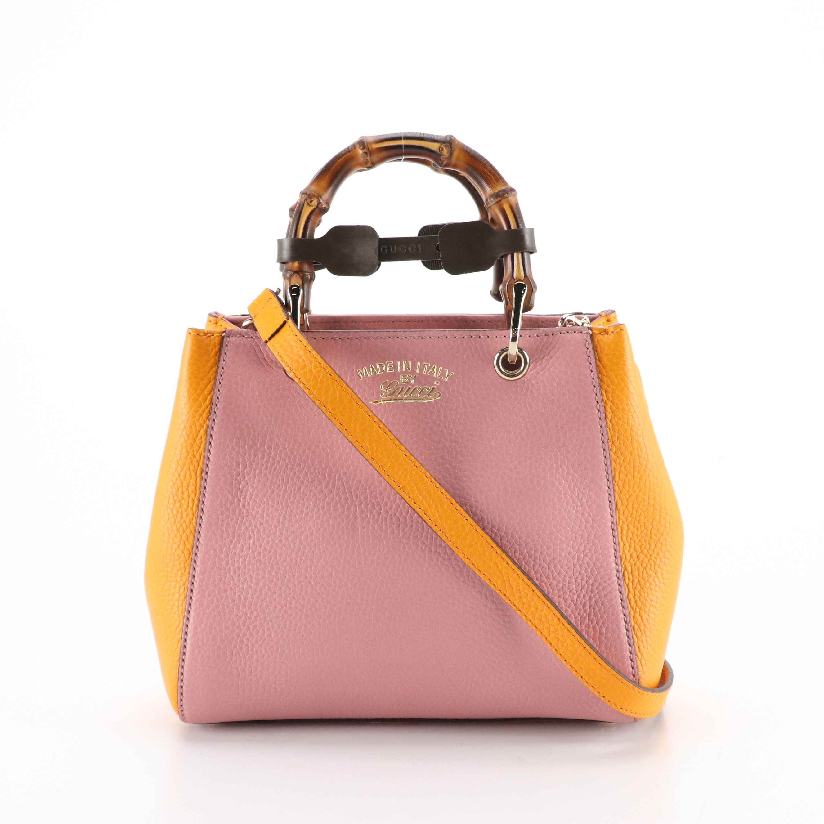 Gucci Exclusive Mini Bamboo Handle Two-Way Bag in Color Block Calfskin Leather