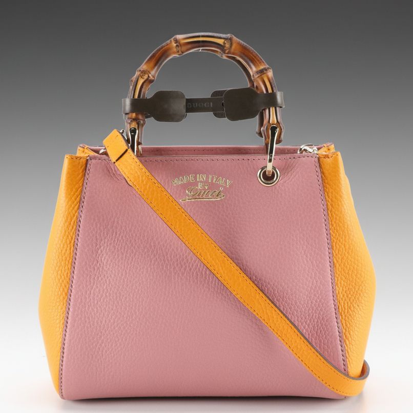 Gucci Exclusive Mini Bamboo Handle Two-Way Bag in Color Block Calfskin Leather