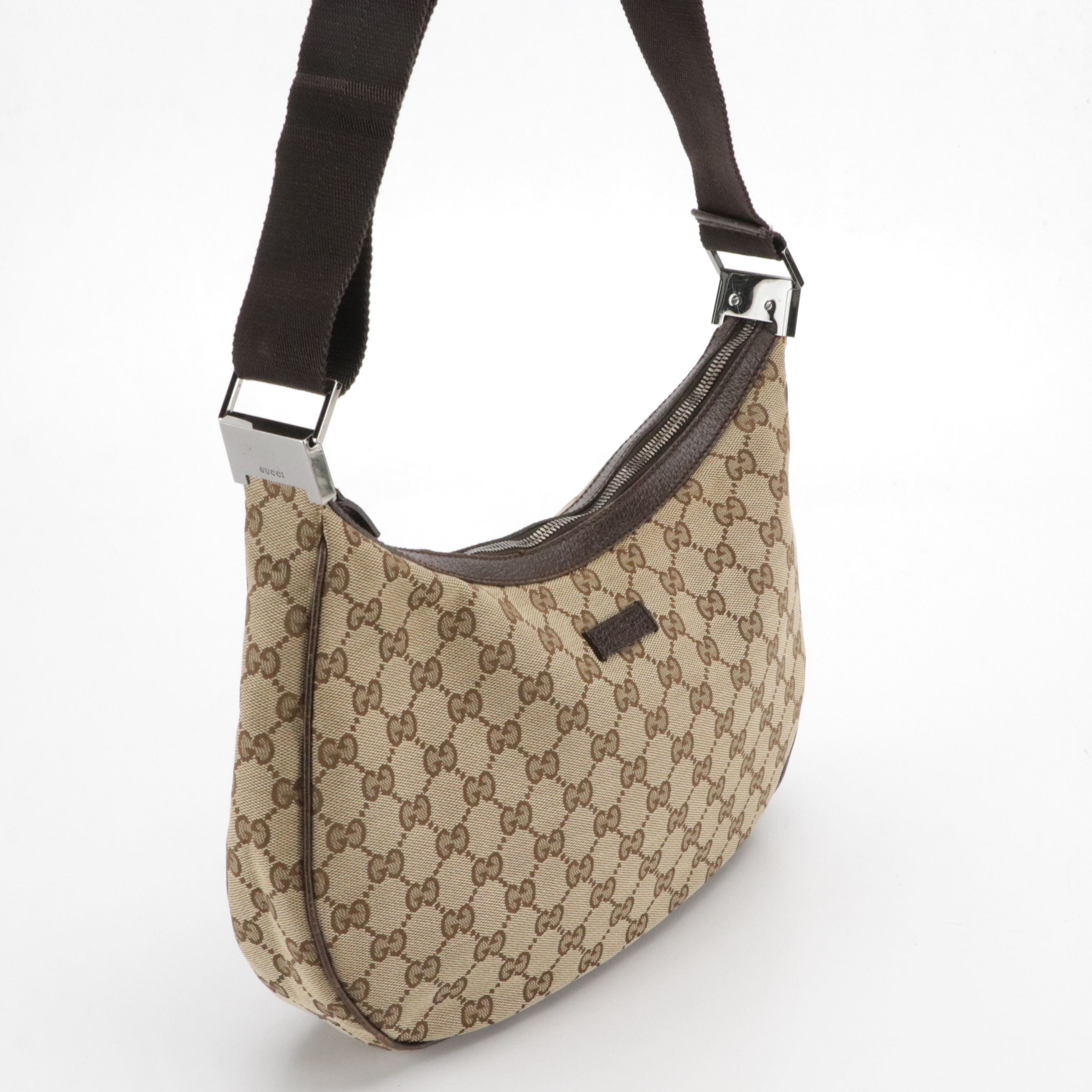 Gucci Zippered Shoulder Bag in GG Canvas and Dark Brown Cinghiale Leather