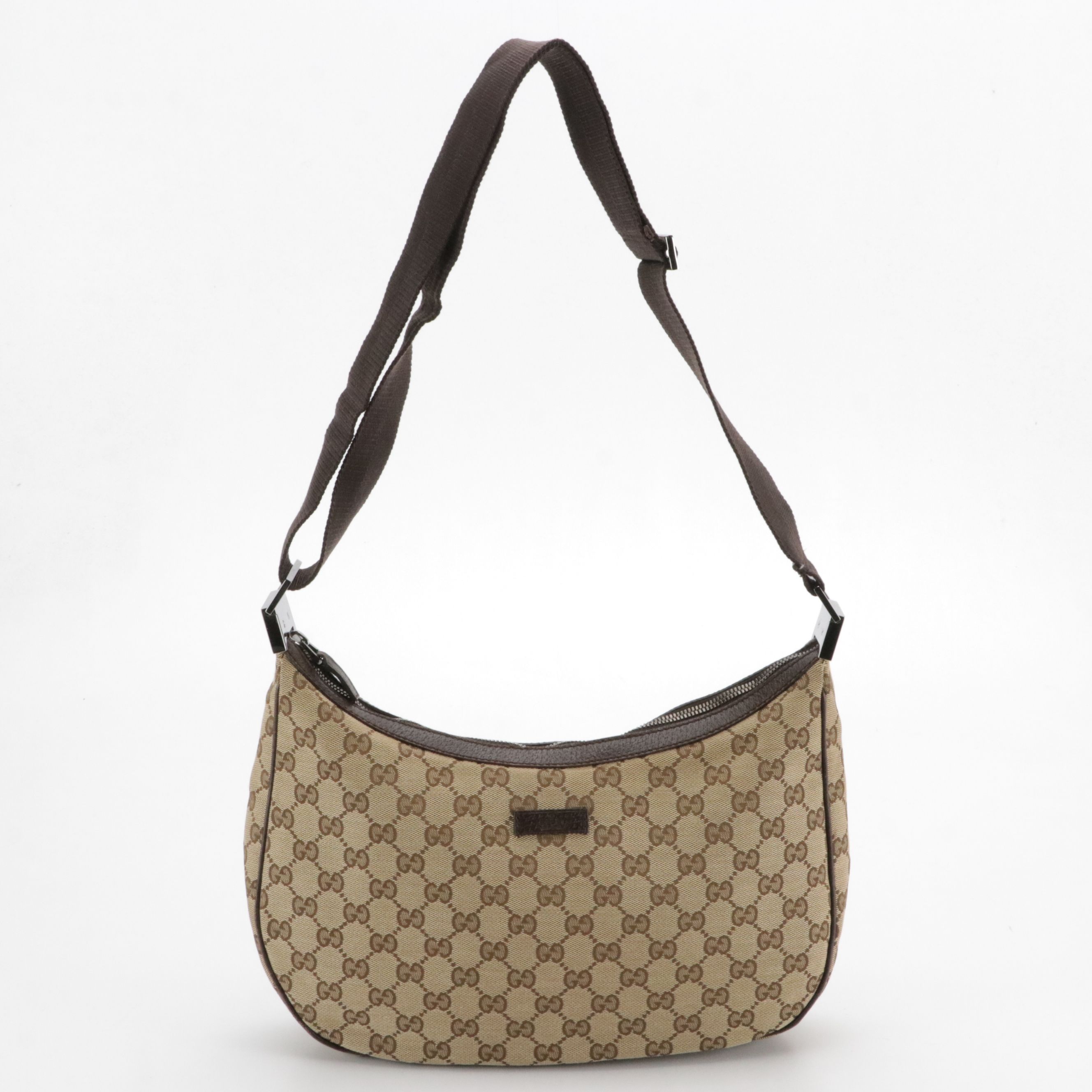 Gucci Zippered Shoulder Bag in GG Canvas and Dark Brown Cinghiale Leather