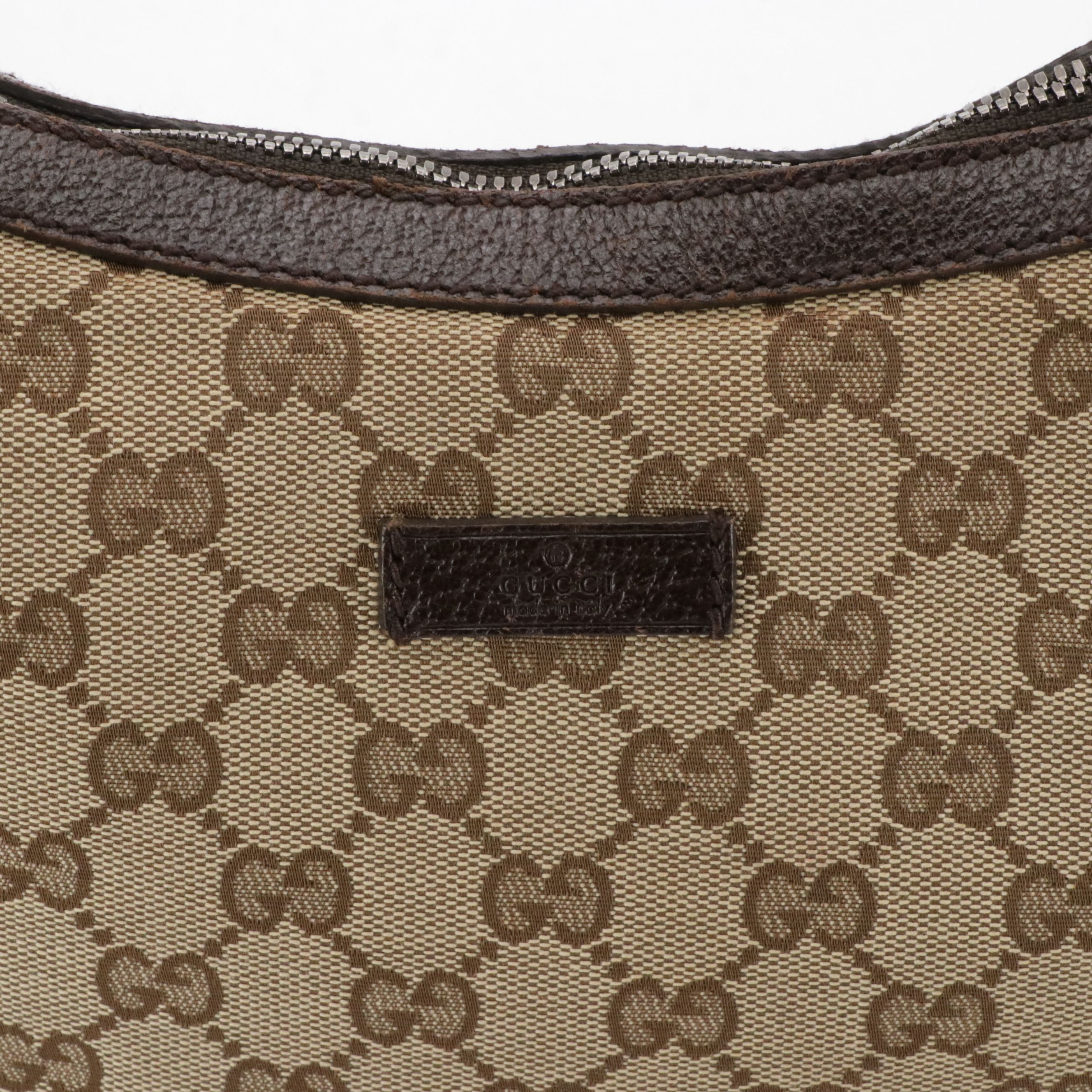 Gucci Zippered Shoulder Bag in GG Canvas and Dark Brown Cinghiale Leather