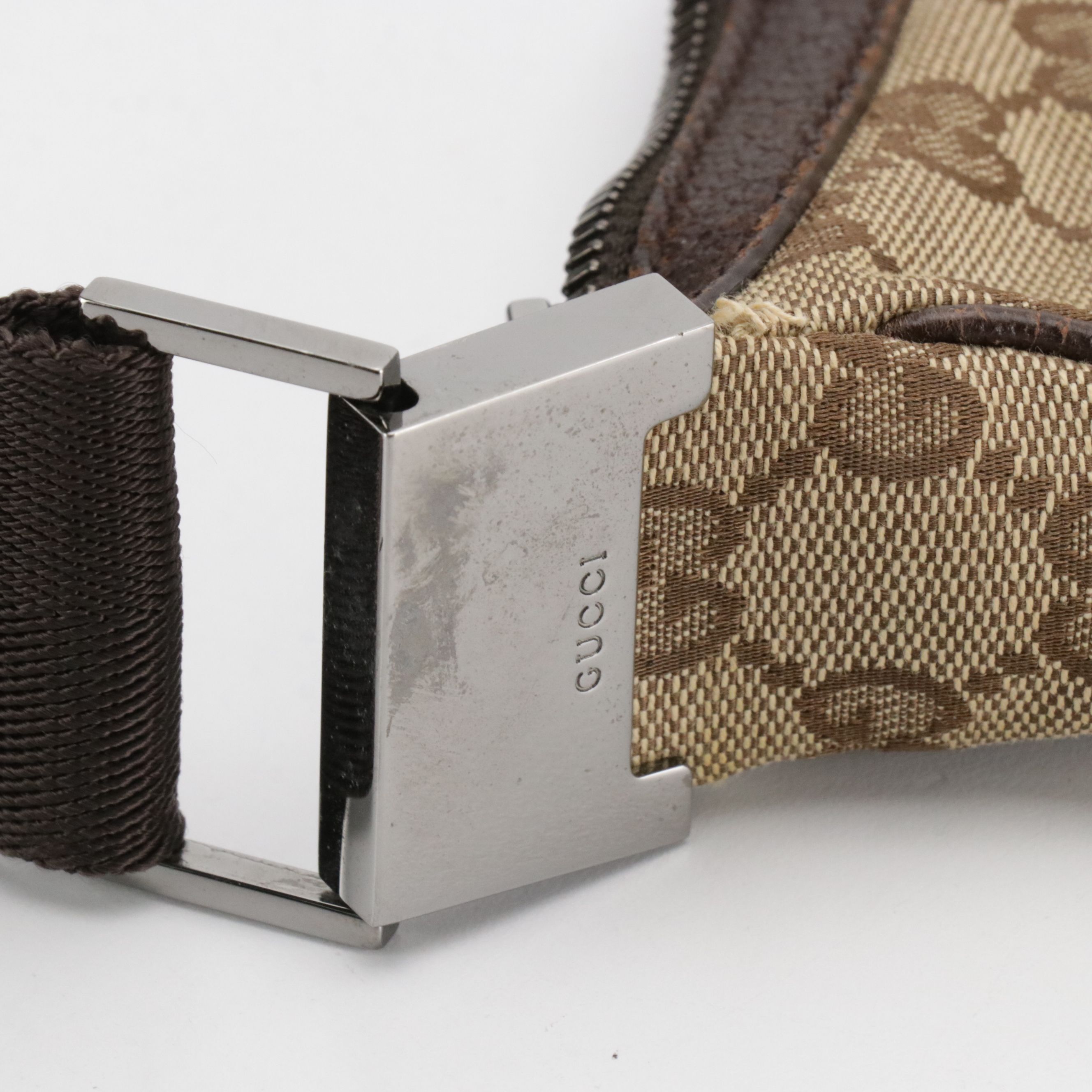 Gucci Zippered Shoulder Bag in GG Canvas and Dark Brown Cinghiale Leather