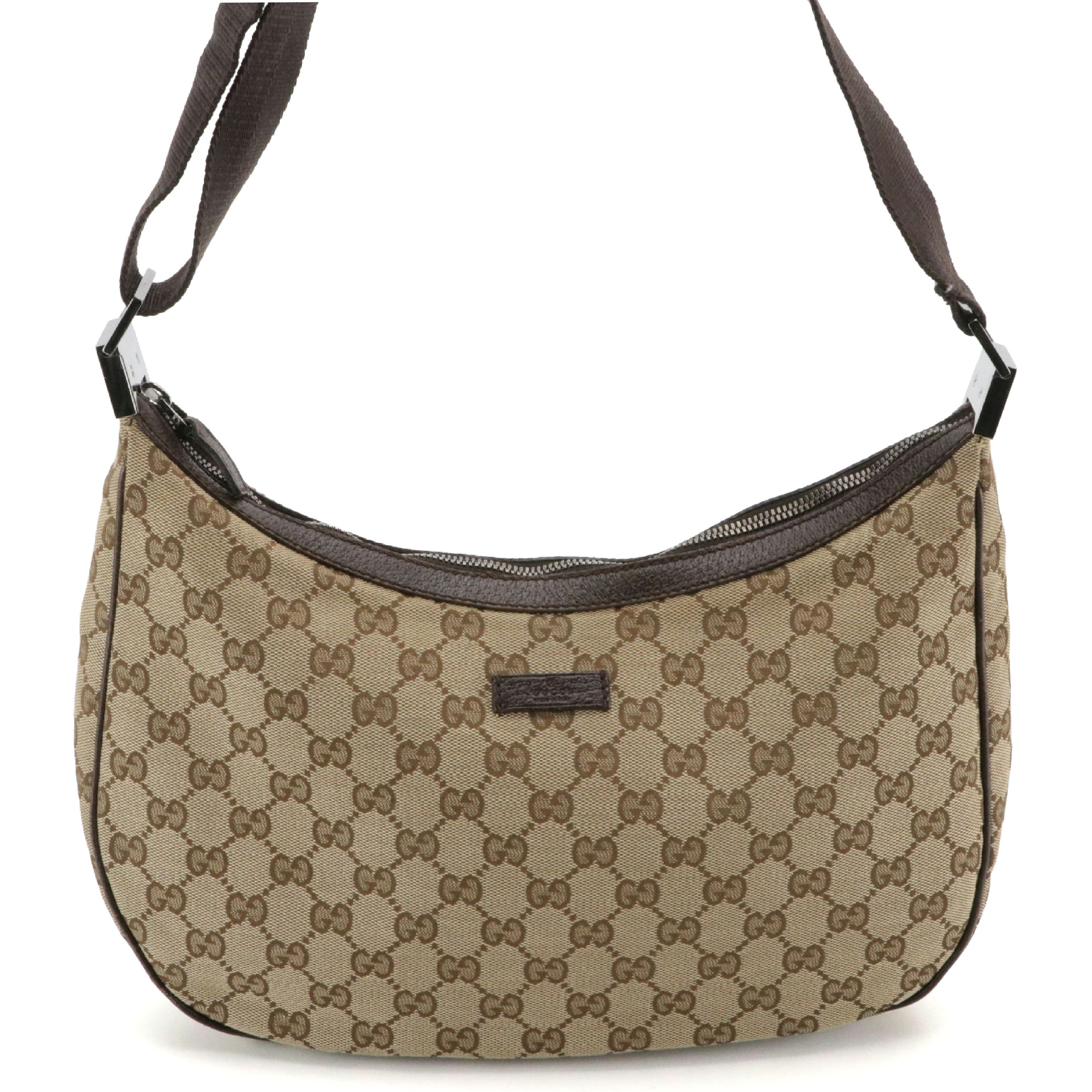 Gucci Zippered Shoulder Bag in GG Canvas and Dark Brown Cinghiale Leather