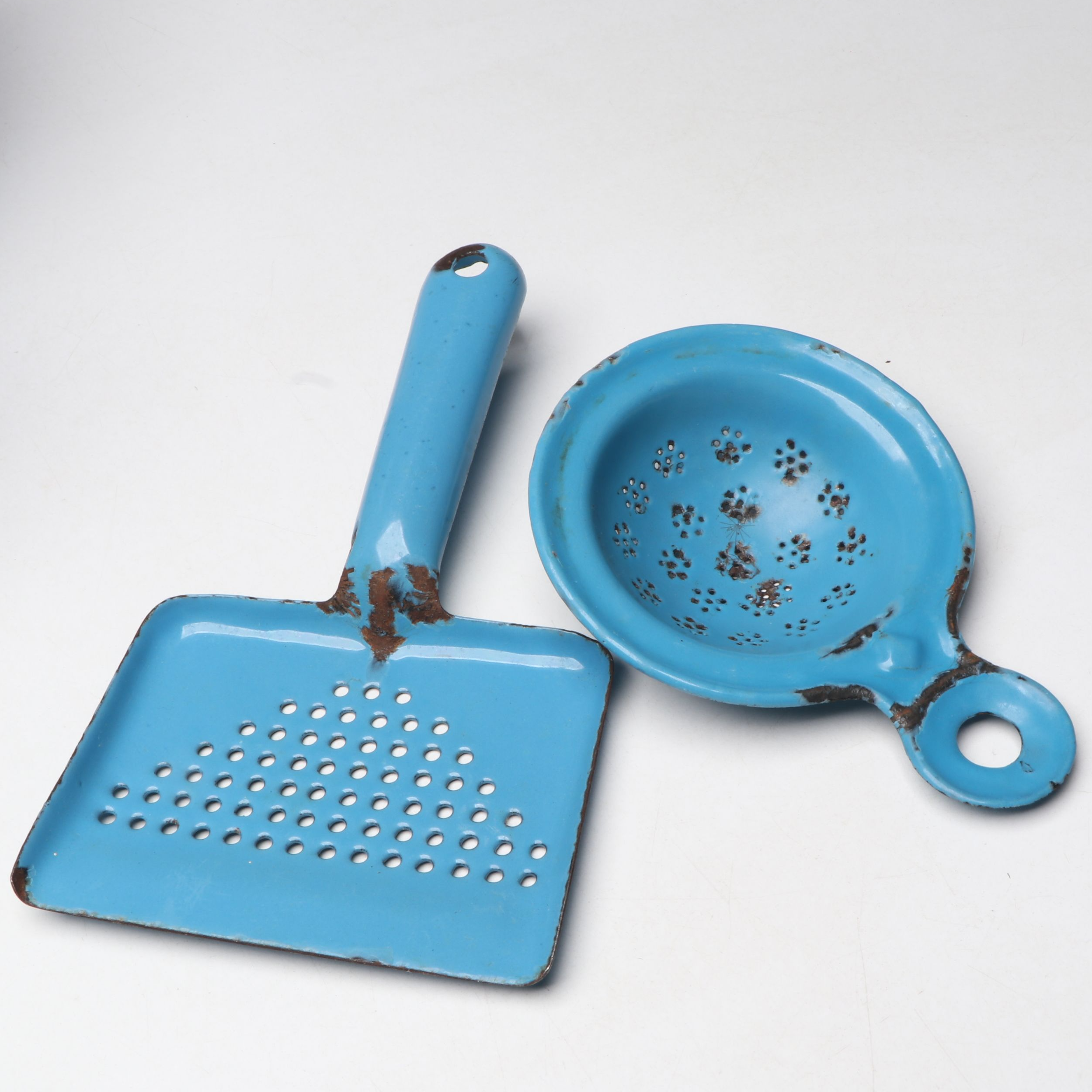 Blue Enamelware Wall Mount Salt Box with Colander and Other Kitchen Tools