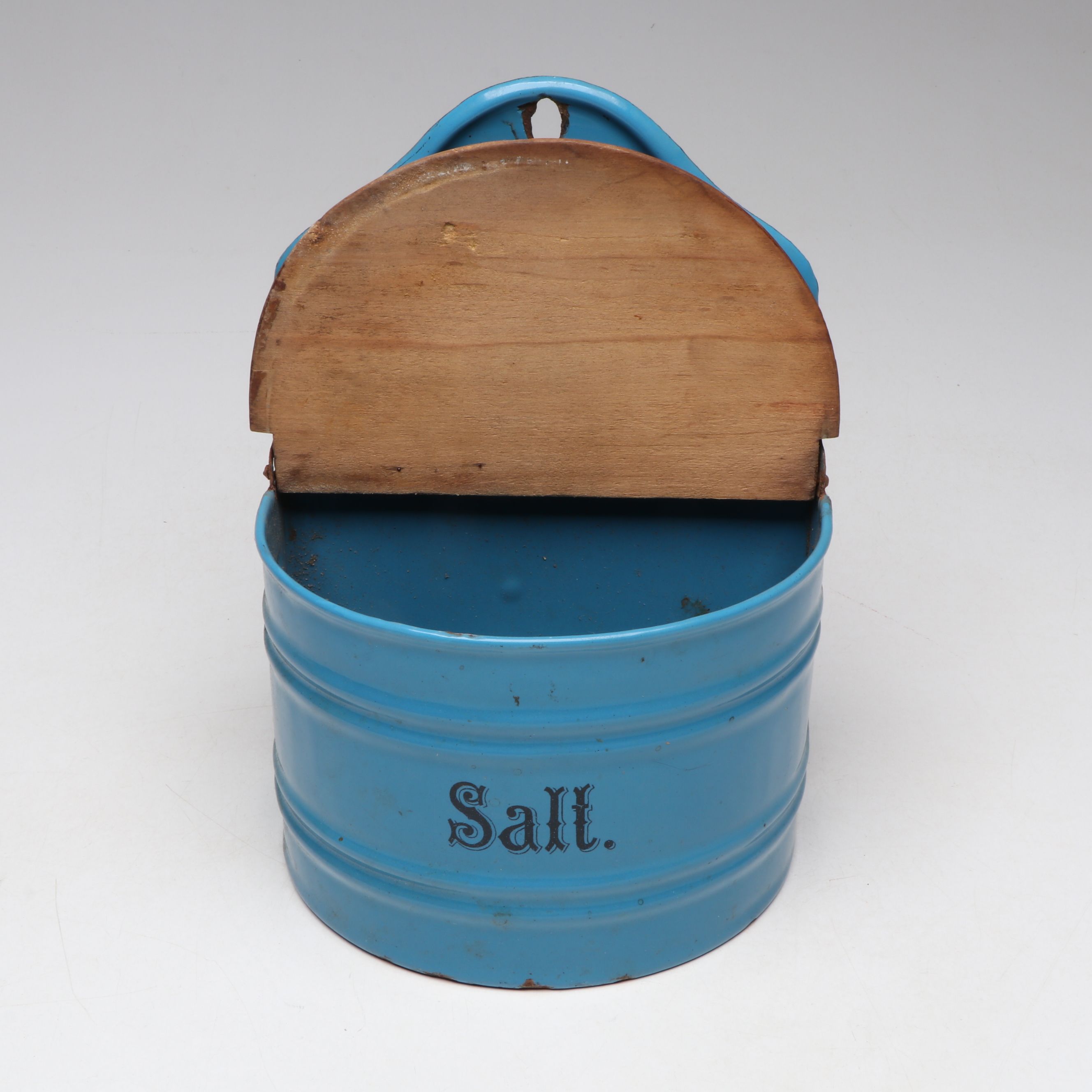 Blue Enamelware Wall Mount Salt Box with Colander and Other Kitchen Tools