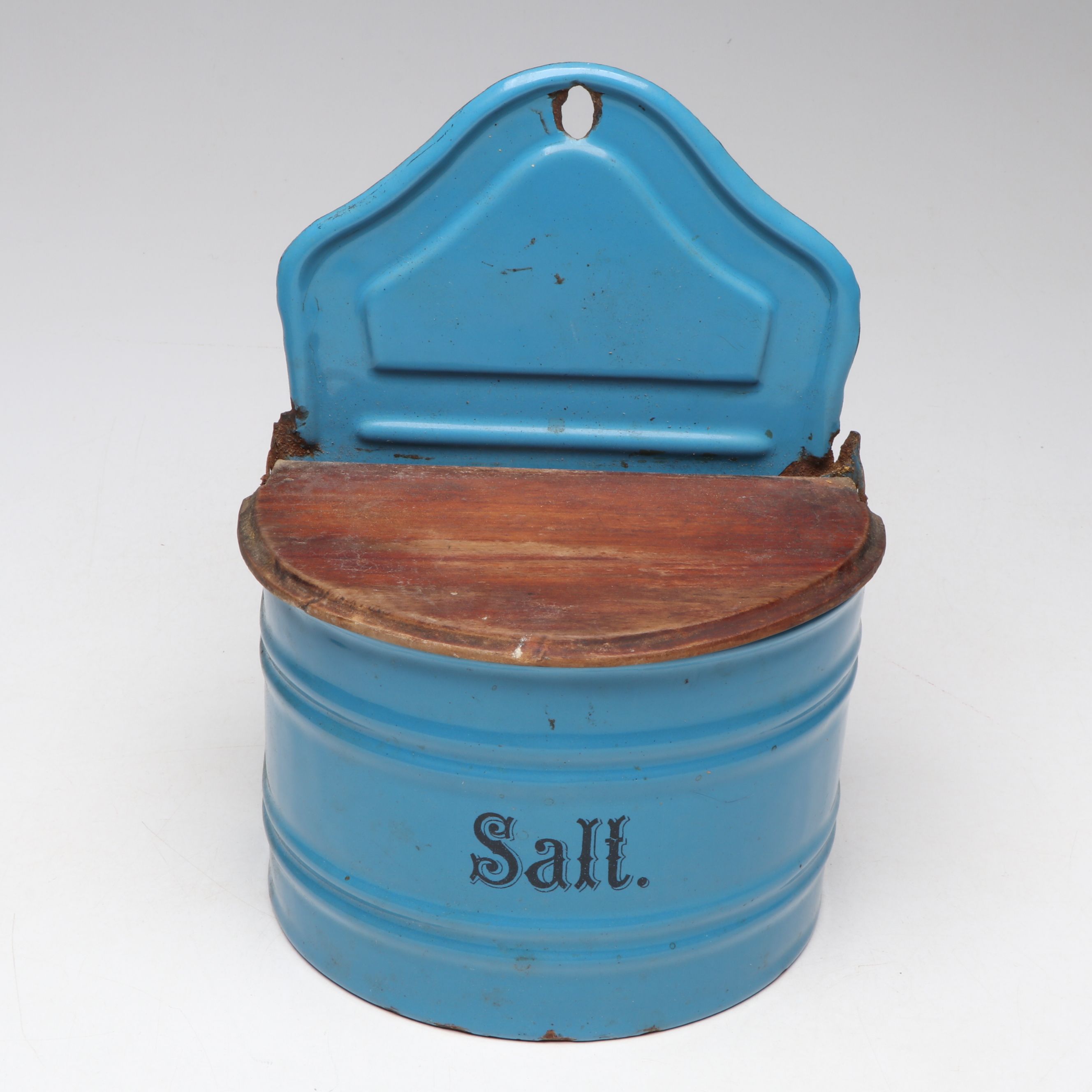 Blue Enamelware Wall Mount Salt Box with Colander and Other Kitchen Tools