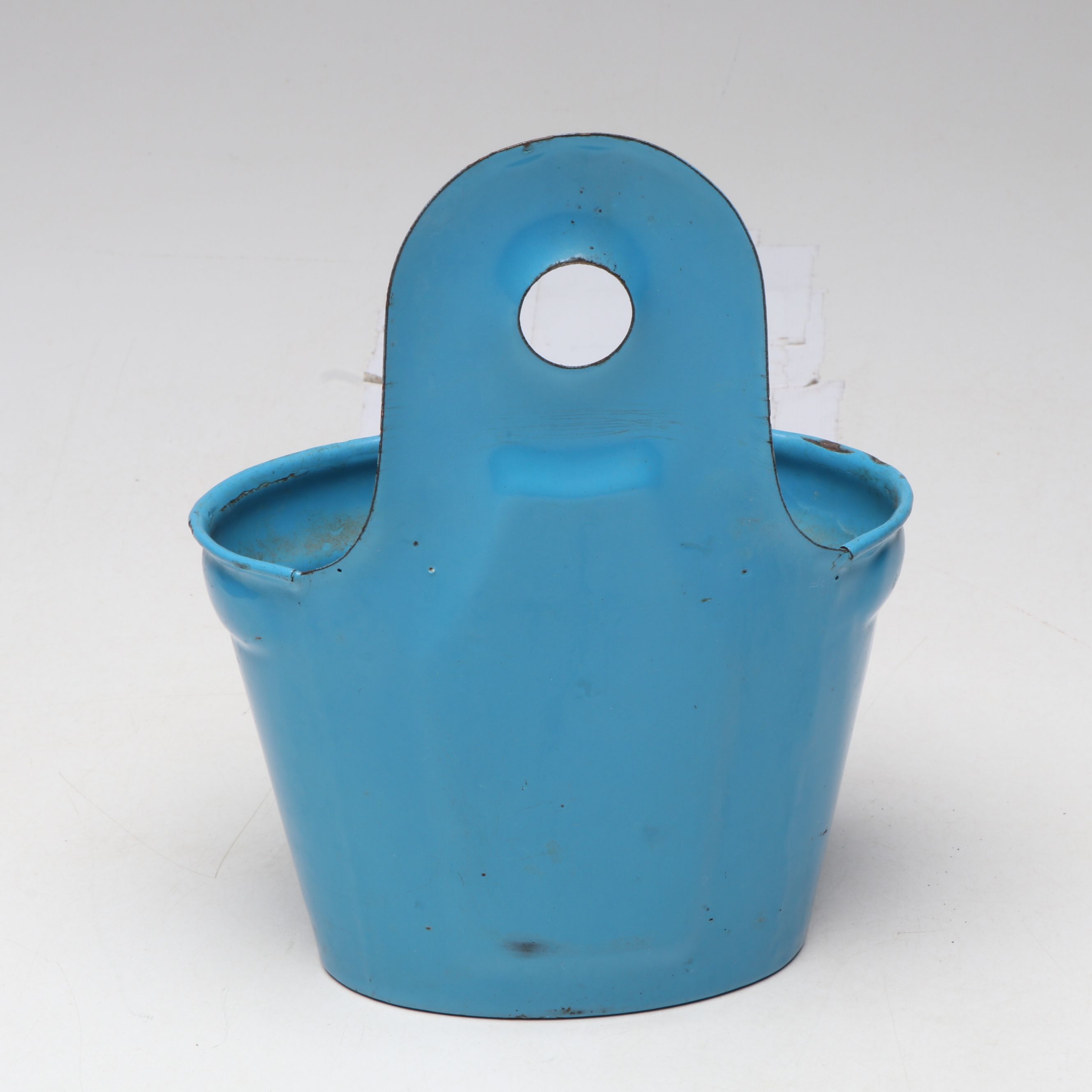 Blue Enamelware Wall Mount Salt Box with Colander and Other Kitchen Tools