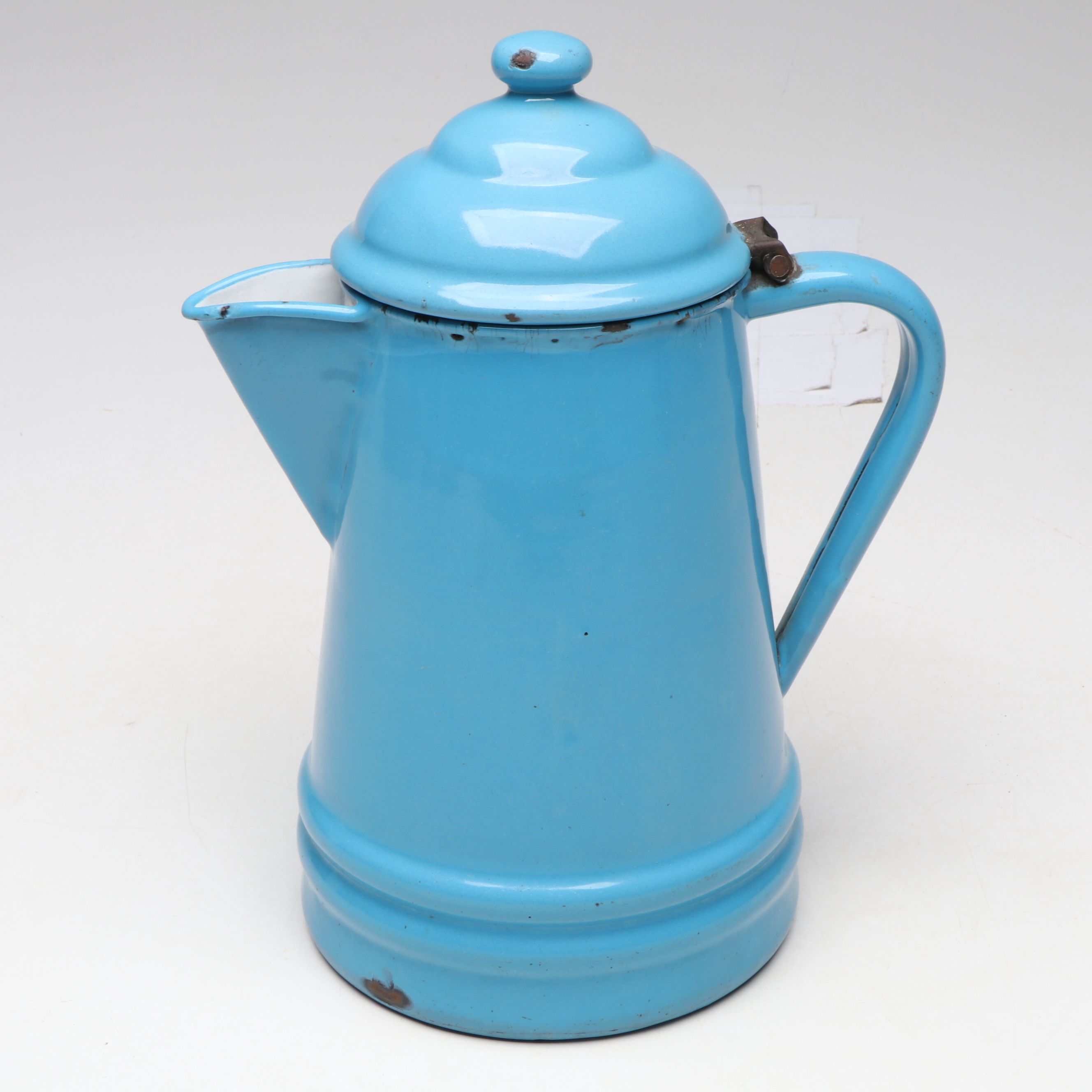 Blue Enamelware Wall Mount Salt Box with Colander and Other Kitchen Tools
