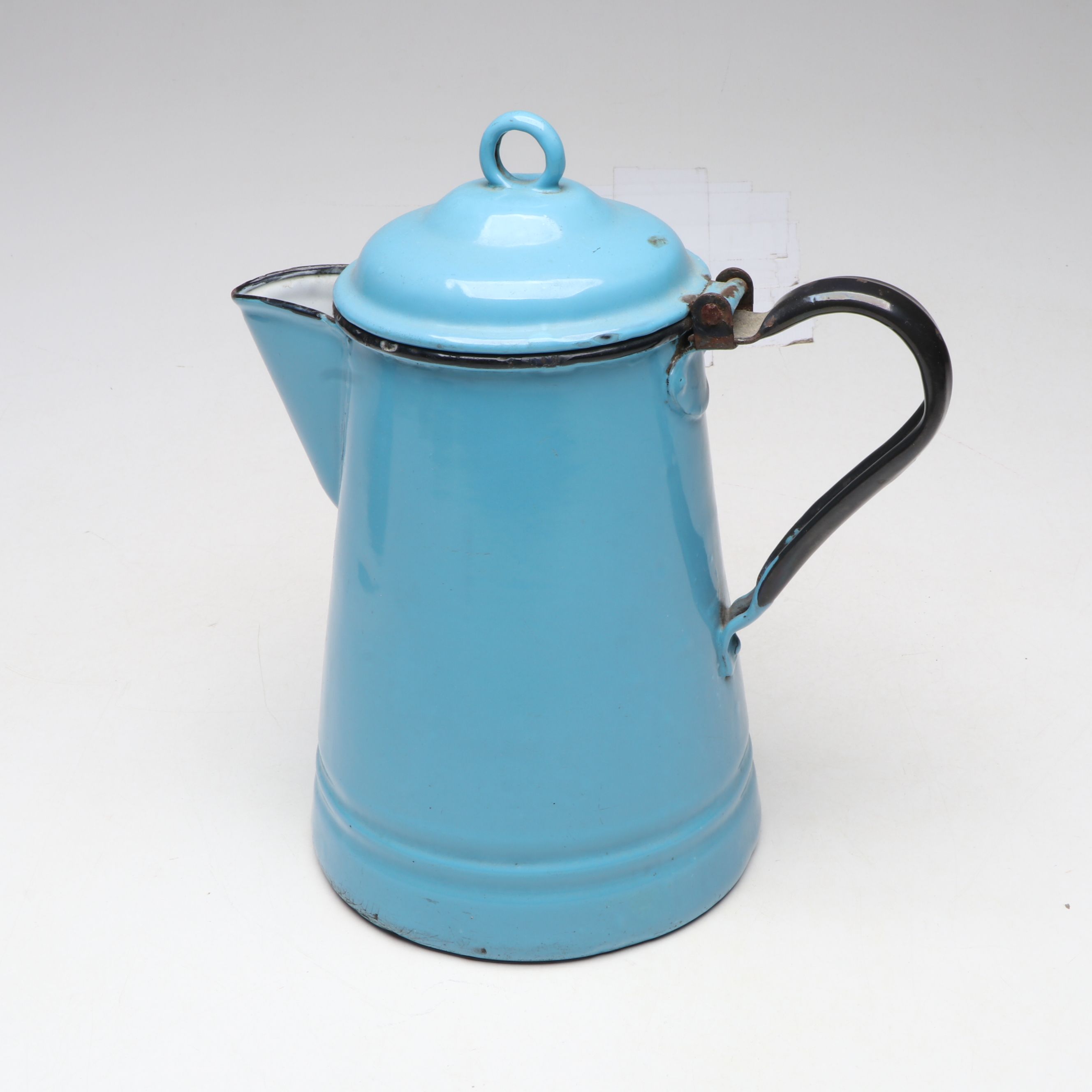 Blue Enamelware Wall Mount Salt Box with Colander and Other Kitchen Tools