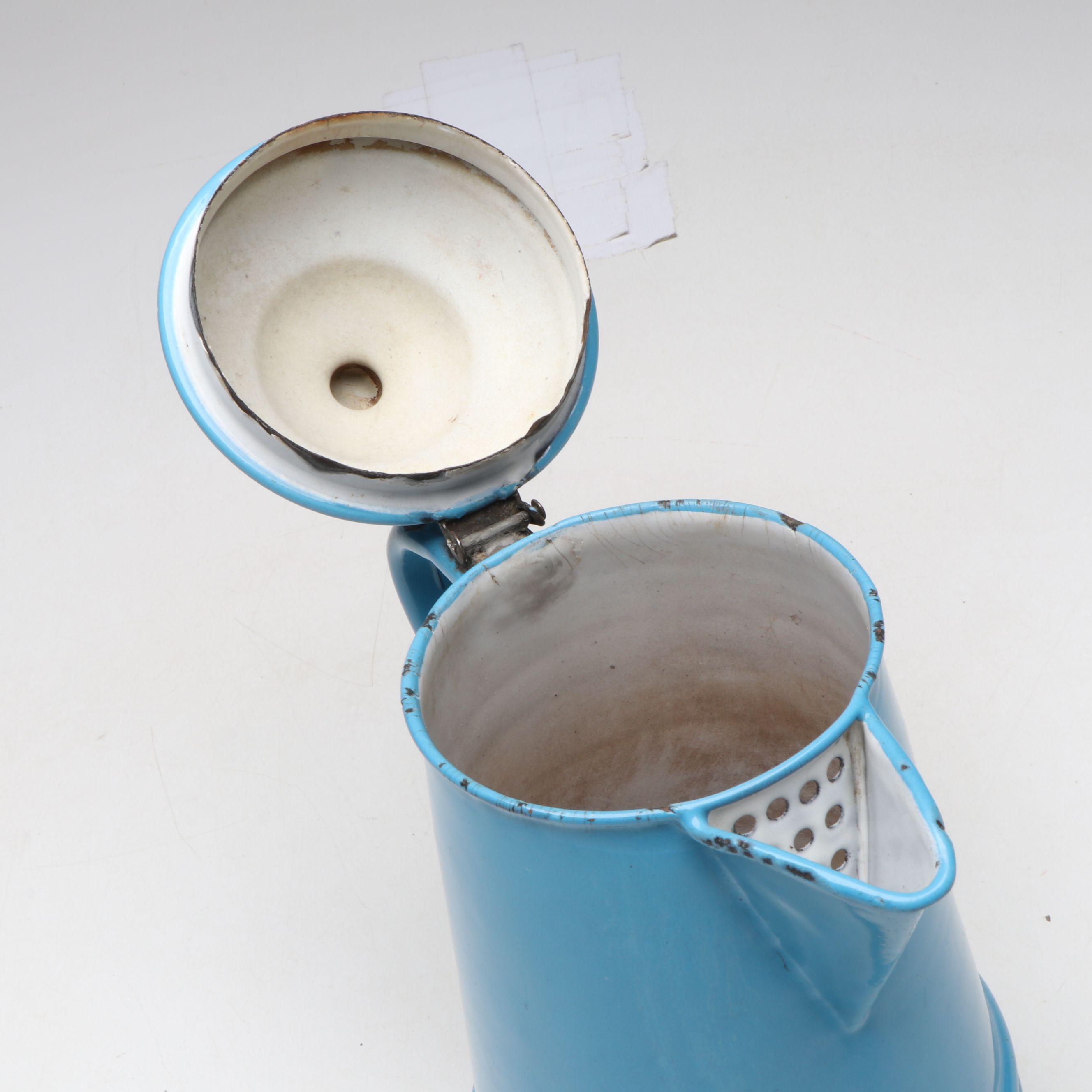 Blue Enamelware Wall Mount Salt Box with Colander and Other Kitchen Tools