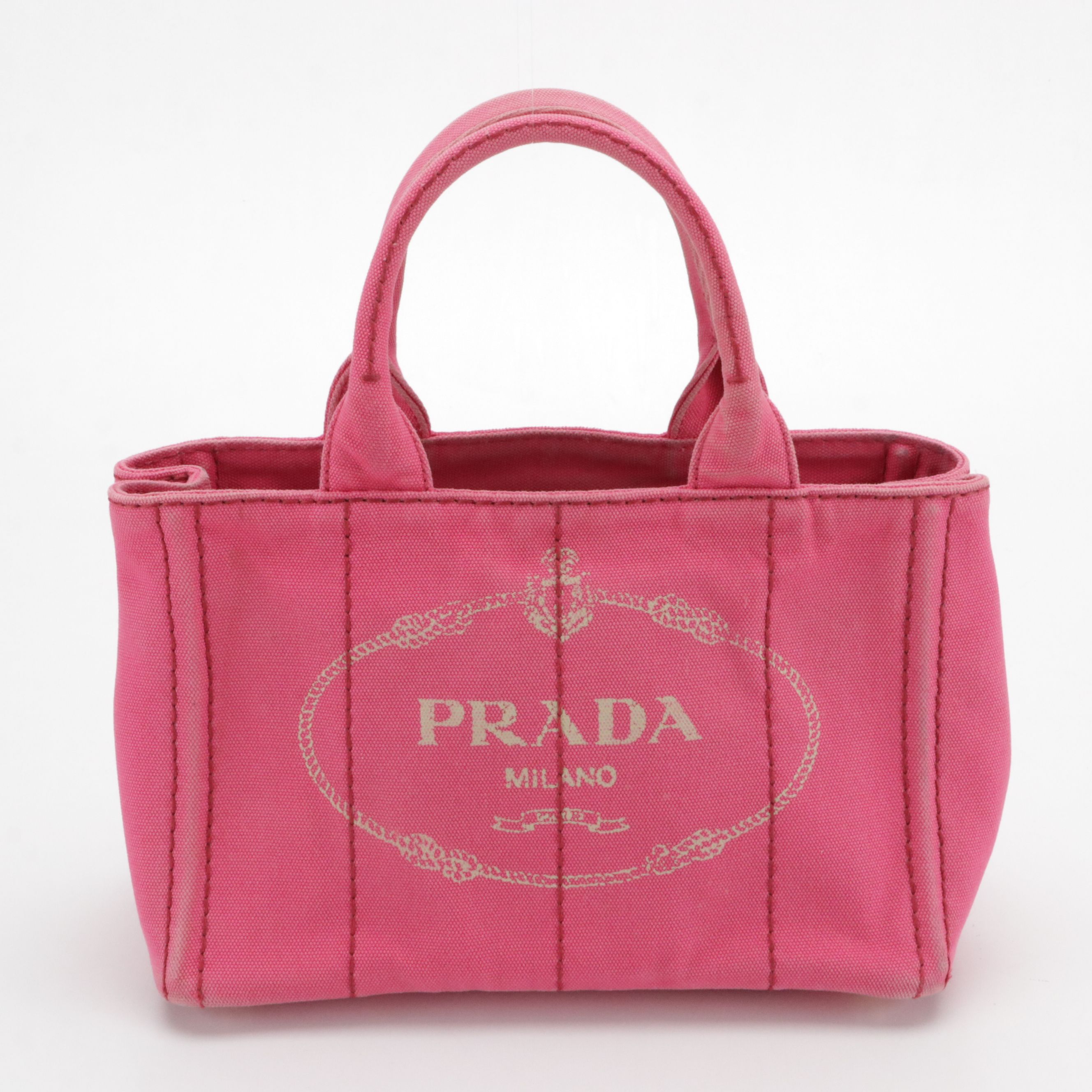 Prada Small Two-Way Tote in Hot Pink Canapa Logo Canvas